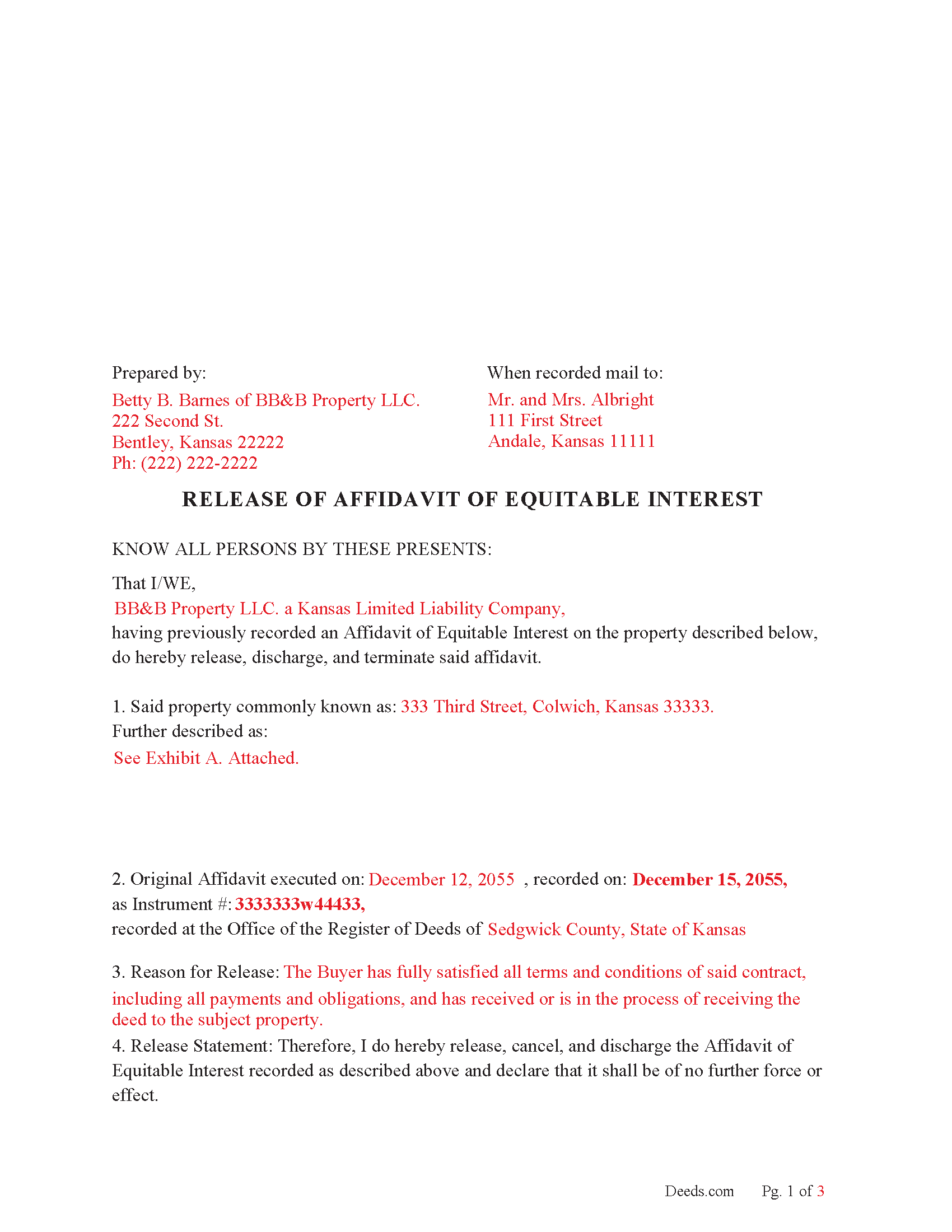 Doniphan County Completed Example of the Release of Affidavit of Equitable Interest Document