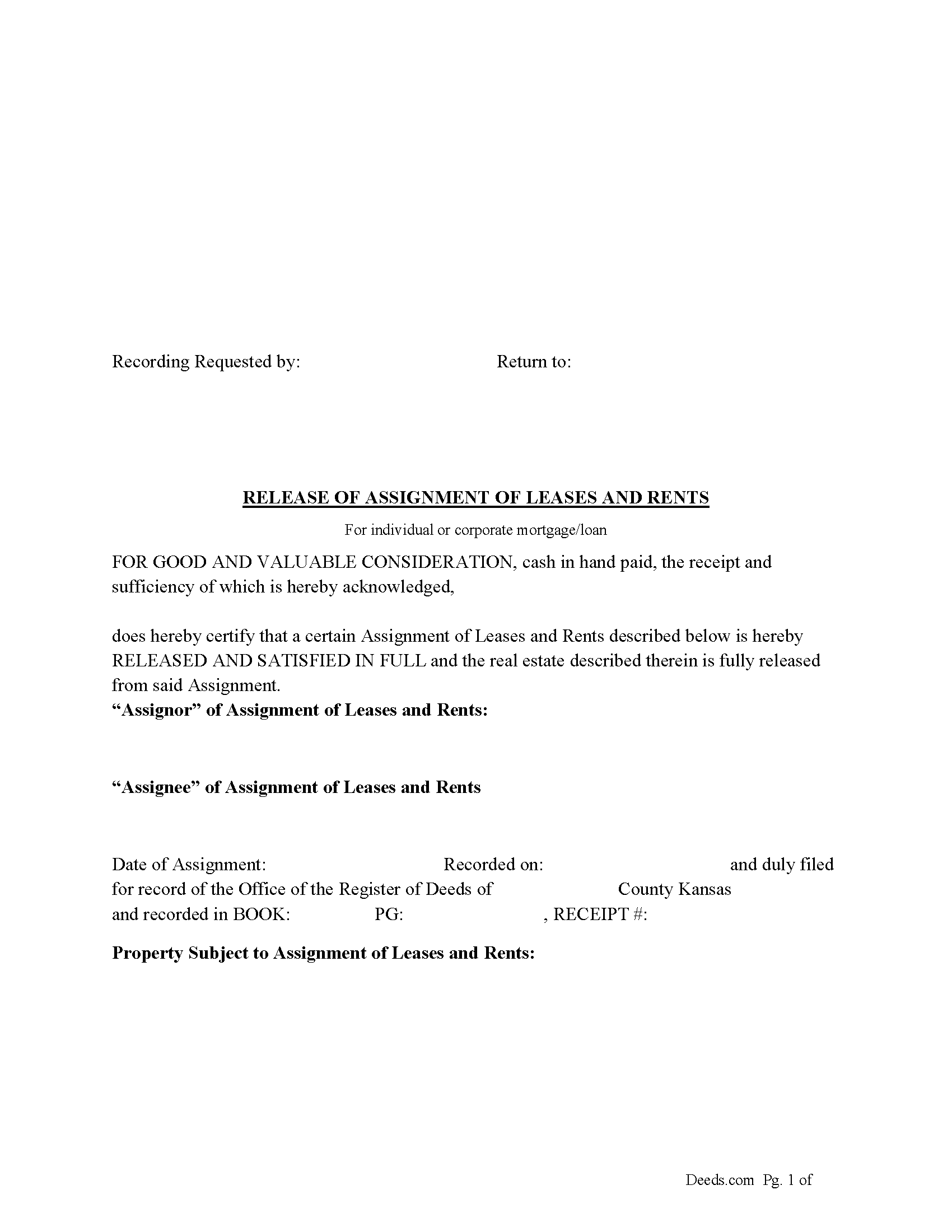 Doniphan County Release of Assignment of Leases and Rents Form