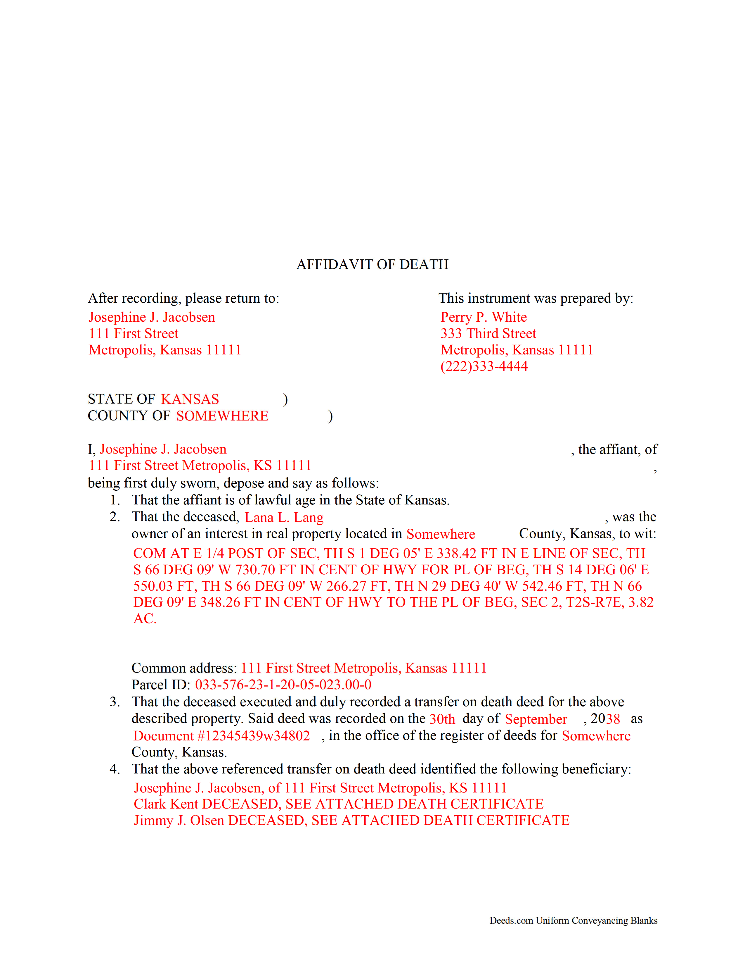 Doniphan County Completed Example of the Transfer on Death Affidavit Document