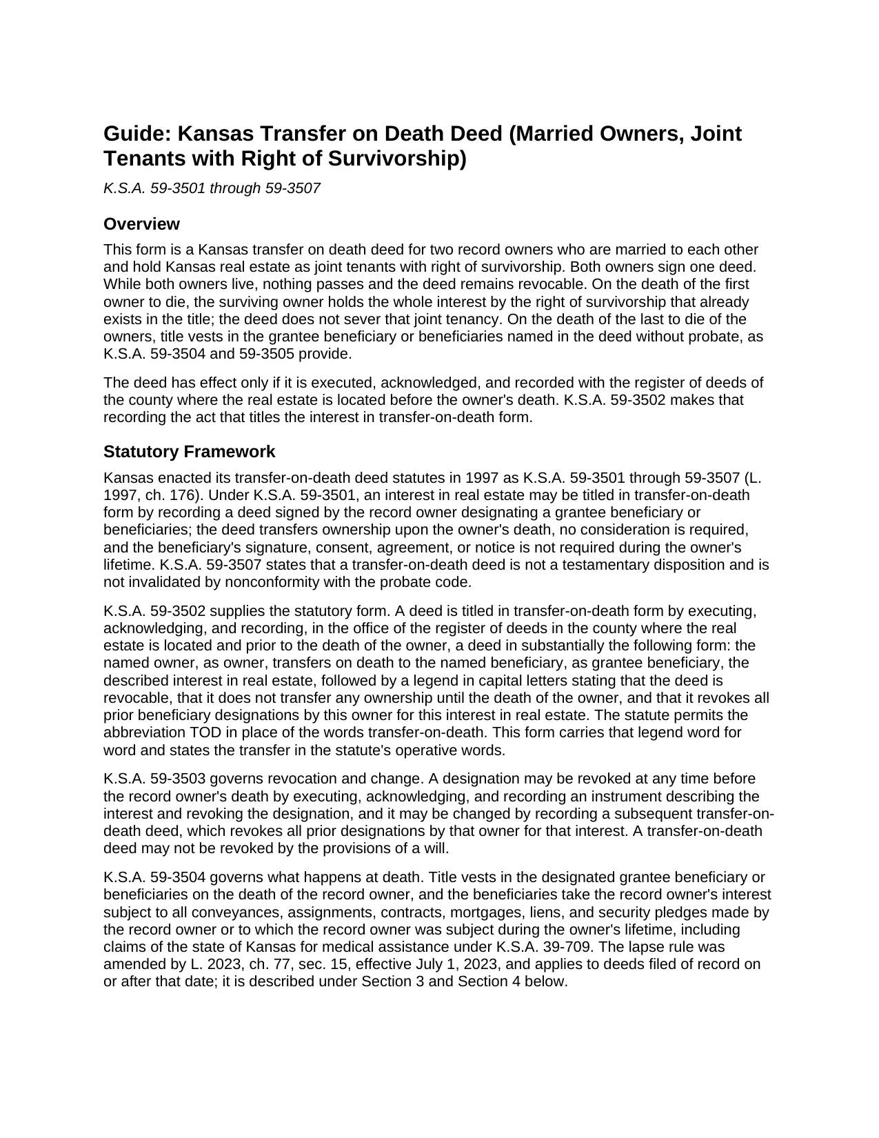 Comanche County Transfer on Death Deed (Married Owners, Joint Tenants with Right of Survivorship) Guide