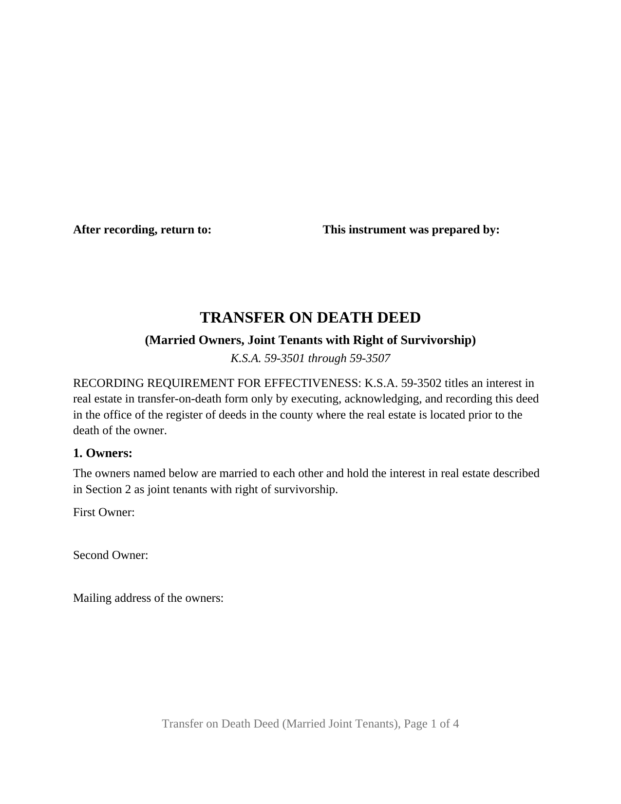 Comanche County Transfer on Death Deed (Married Owners, Joint Tenants with Right of Survivorship) Form