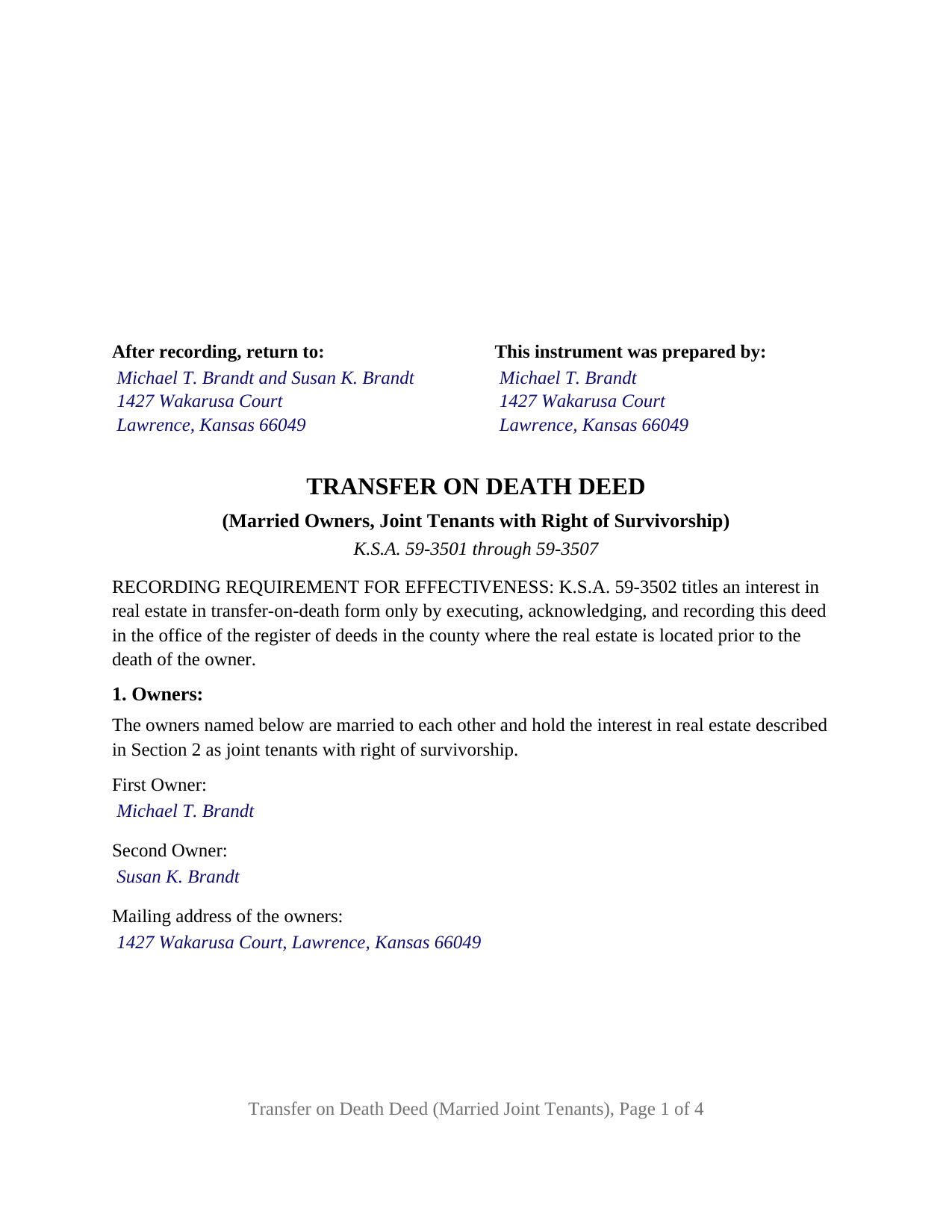 Comanche County Completed Example of the Transfer on Death Deed (Married Owners, Joint Tenants with Right of Survivorship) Document