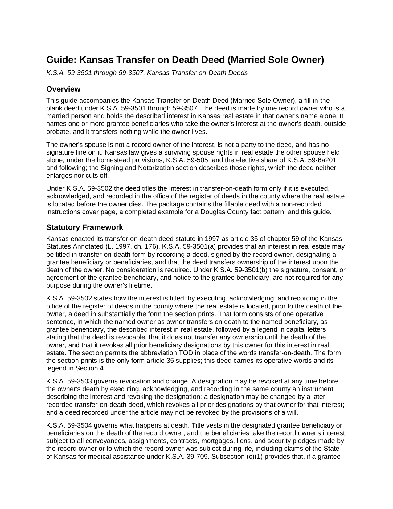 Greeley County Transfer on Death Deed (Married Sole Owner) Guide