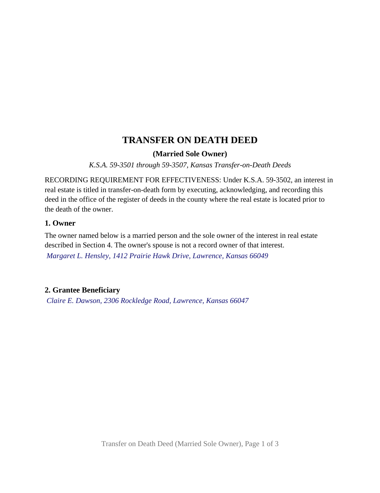 Greeley County Completed Example of the Transfer on Death Deed (Married Sole Owner) Document