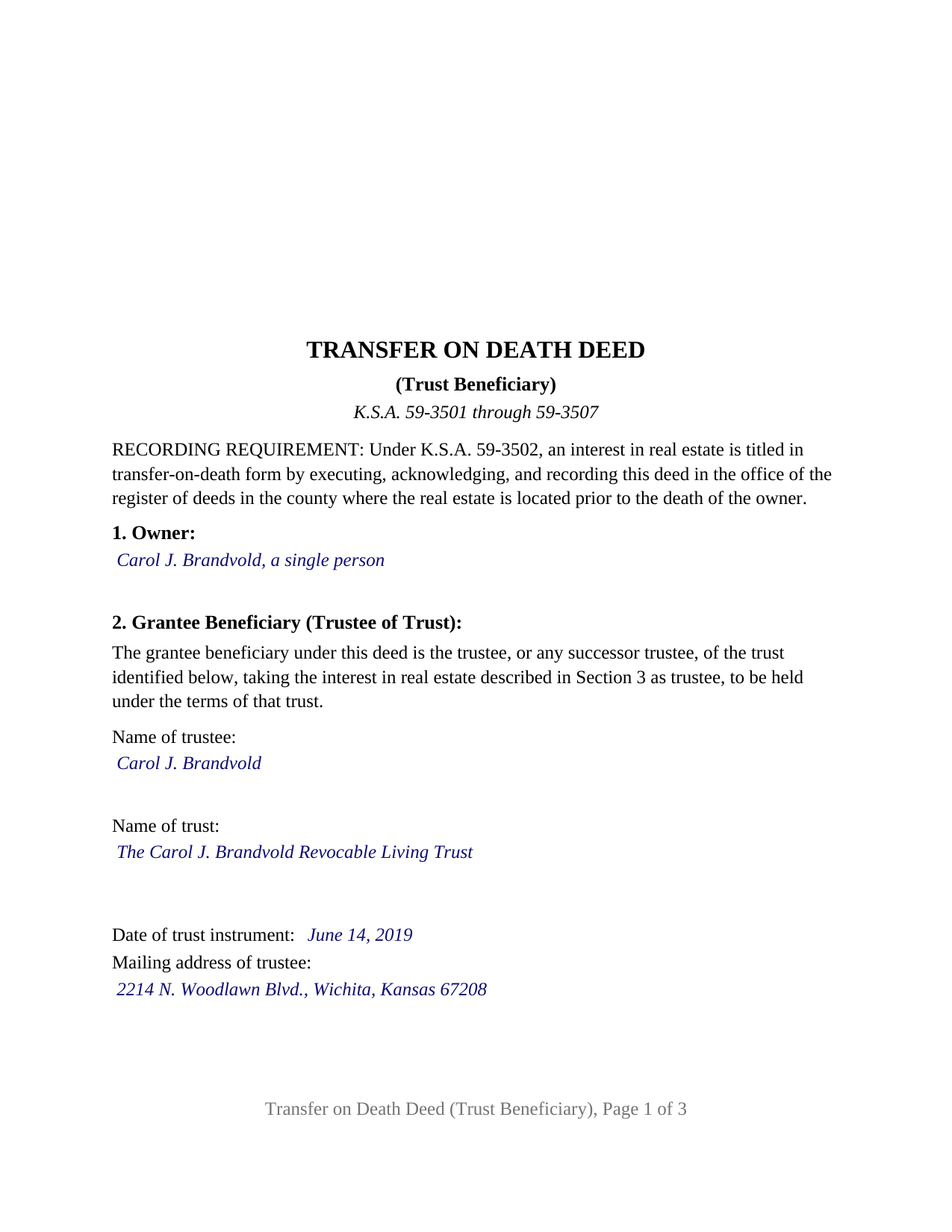 Greeley County Completed Example of the Transfer on Death Deed (Trust Beneficiary) Document