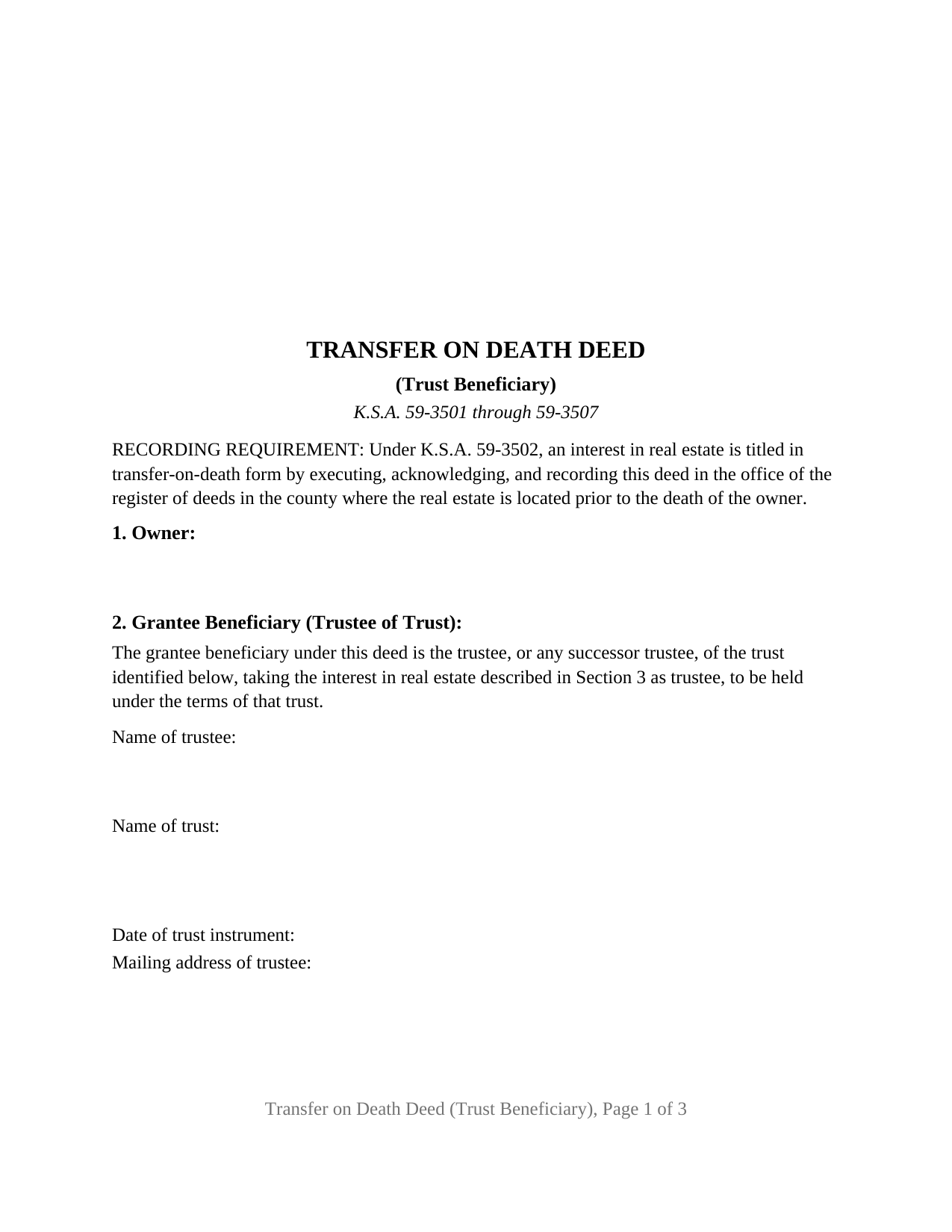 Greeley County Transfer on Death Deed (Trust Beneficiary) Form