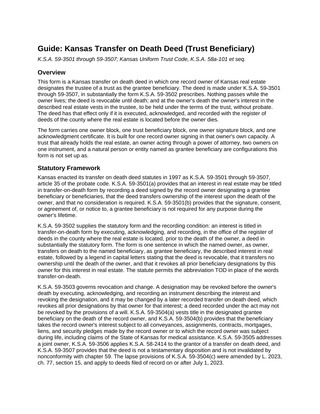 Greeley County Transfer on Death Deed (Trust Beneficiary) Guide