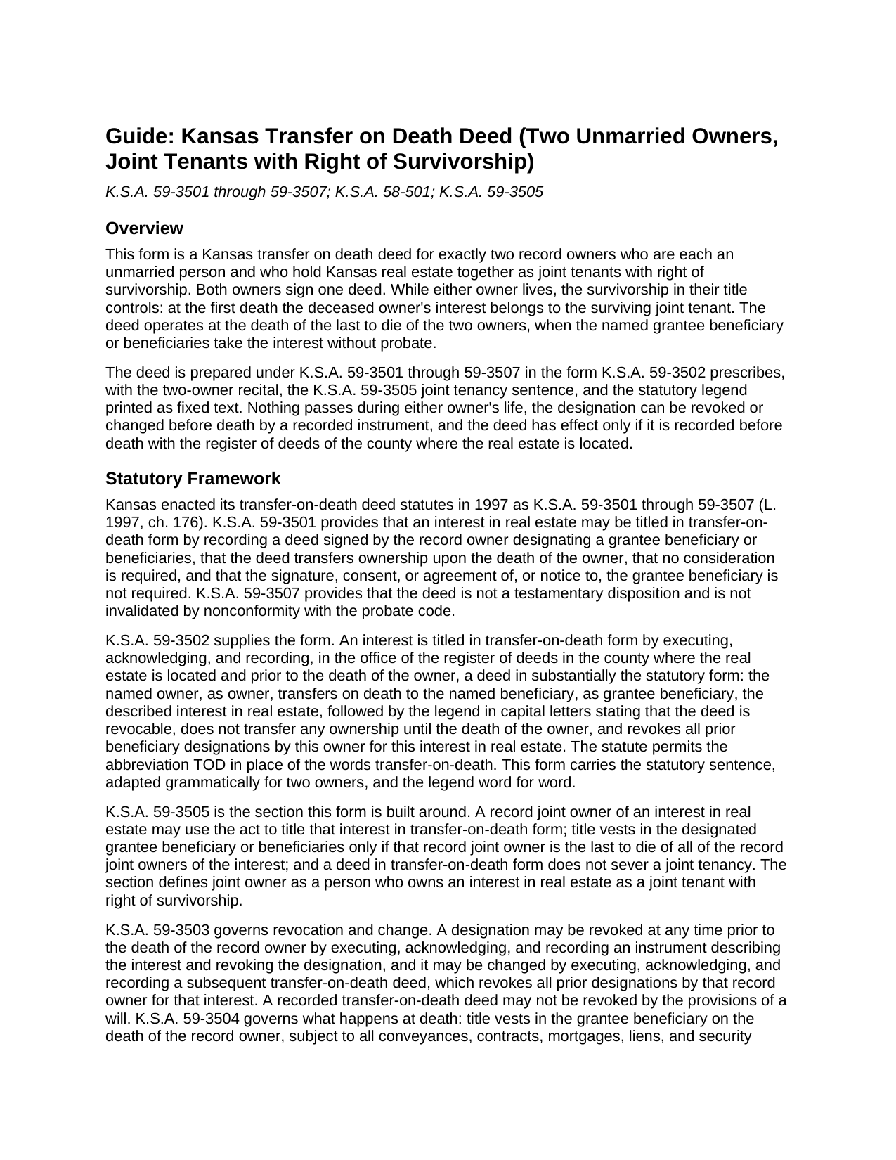 Greeley County Transfer on Death Deed (Two Unmarried Owners - Joint Tenants with Right of Survivorship) Guide