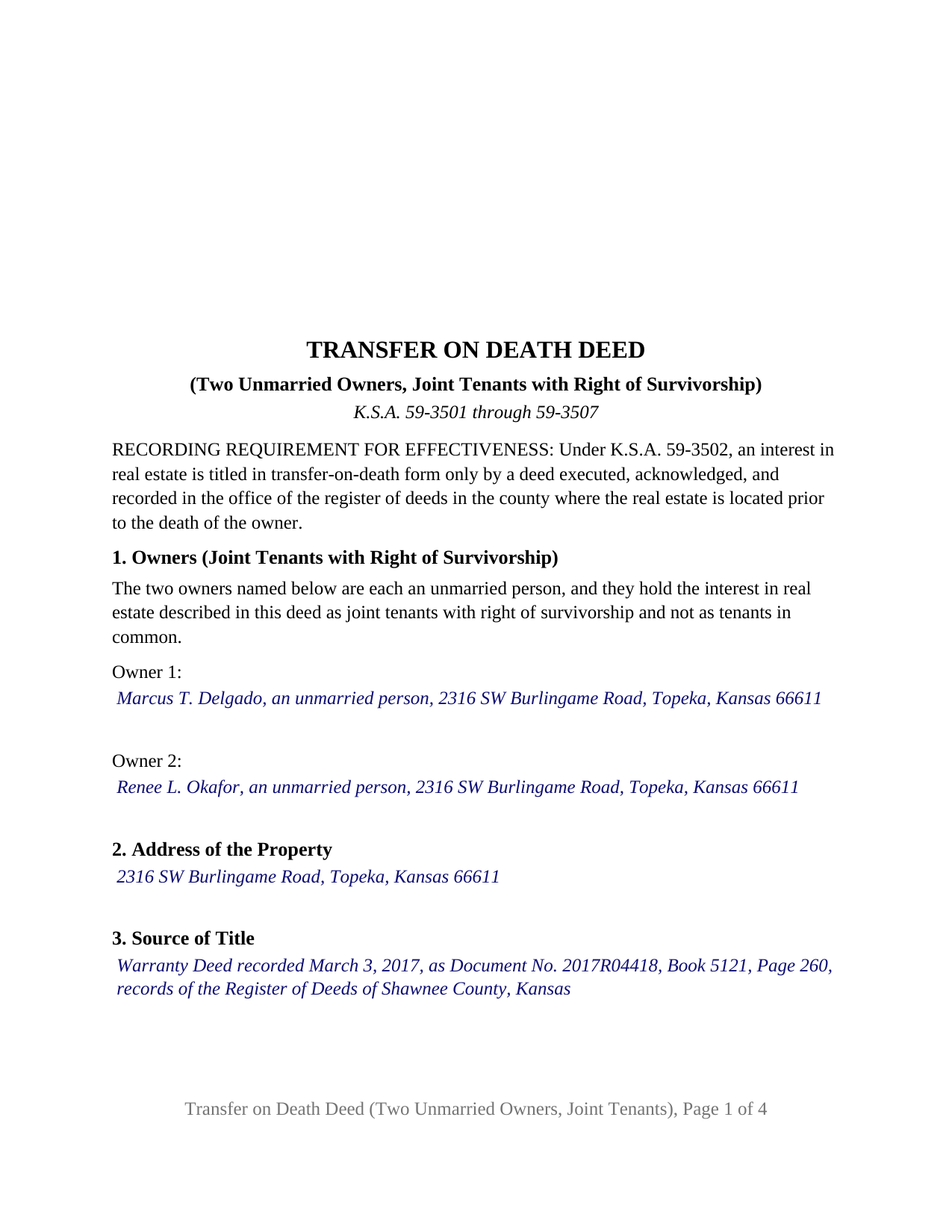 Greeley County Completed Example of the Transfer on Death Deed (Two Unmarried Owners - Joint Tenants with Right of Survivorship) Document