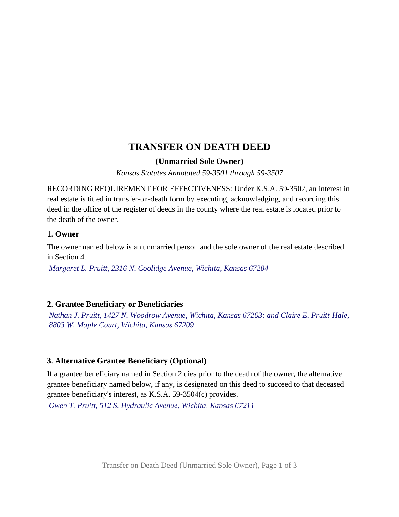Wilson County Completed Example of the Transfer on Death Deed (Unmarried Sole Owner) Document