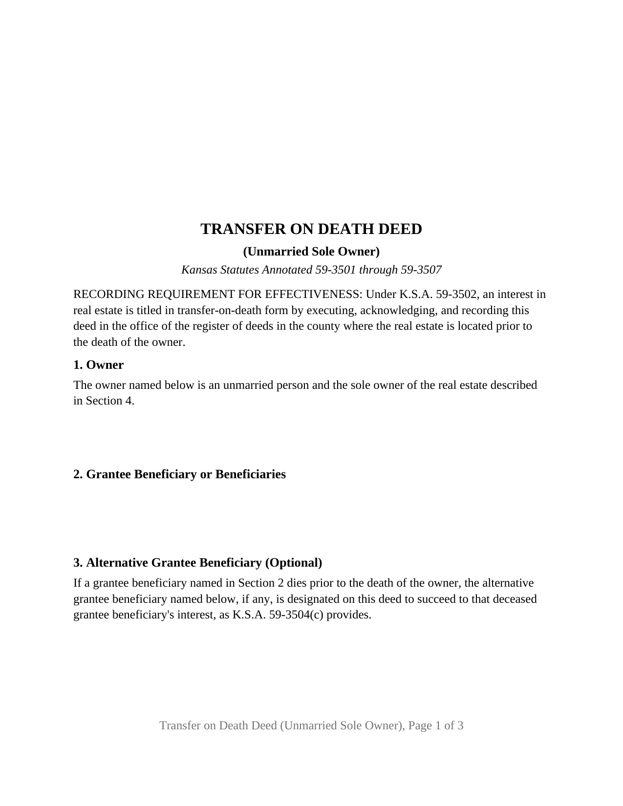 Wilson County Transfer on Death Deed (Unmarried Sole Owner) Form