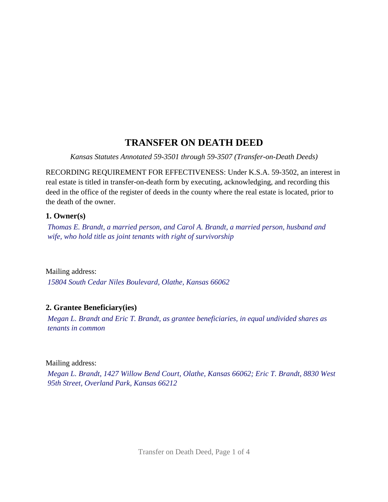 Decatur County Completed Example of the Transfer on Death Deed Document