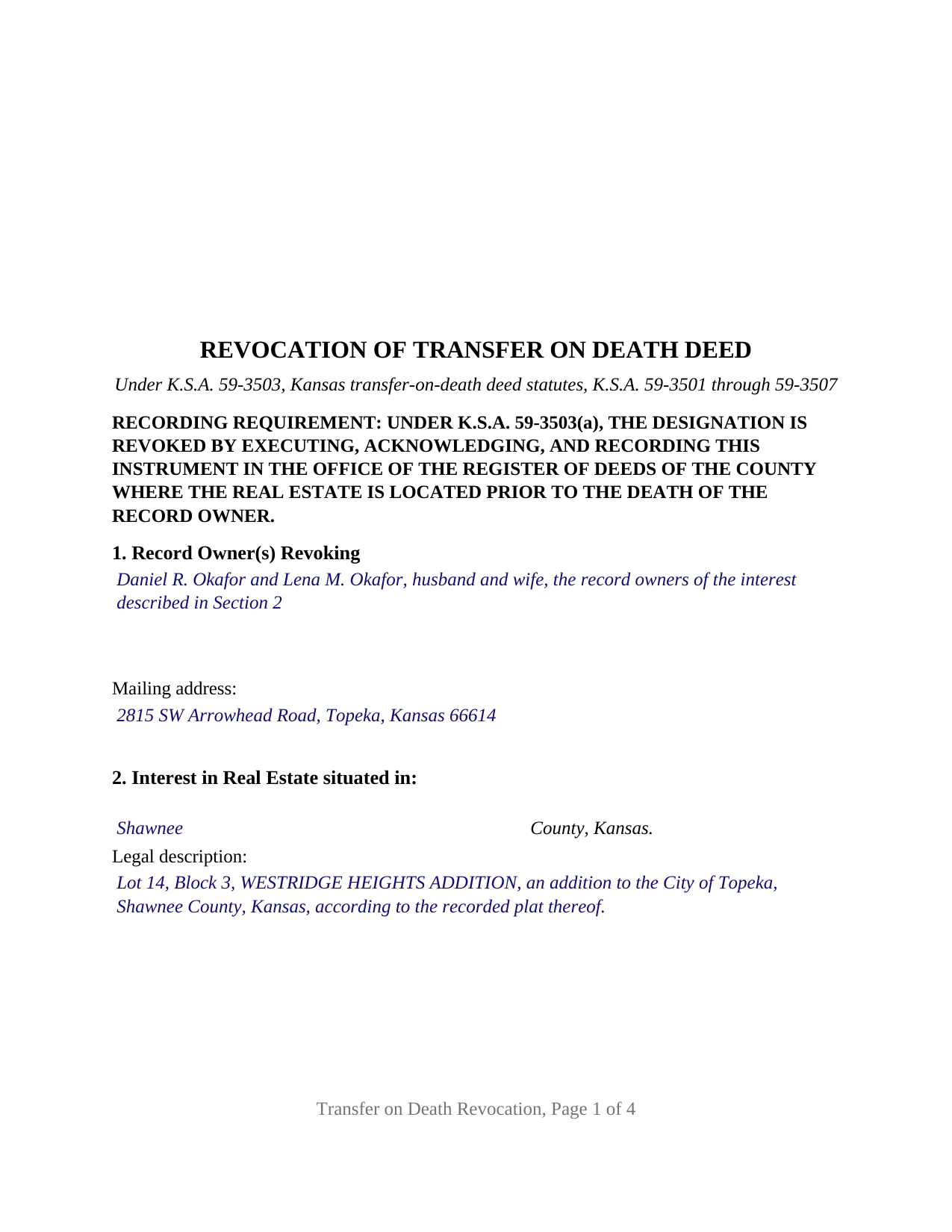 Seward County Completed Example of the Transfer on Death Revocation Document