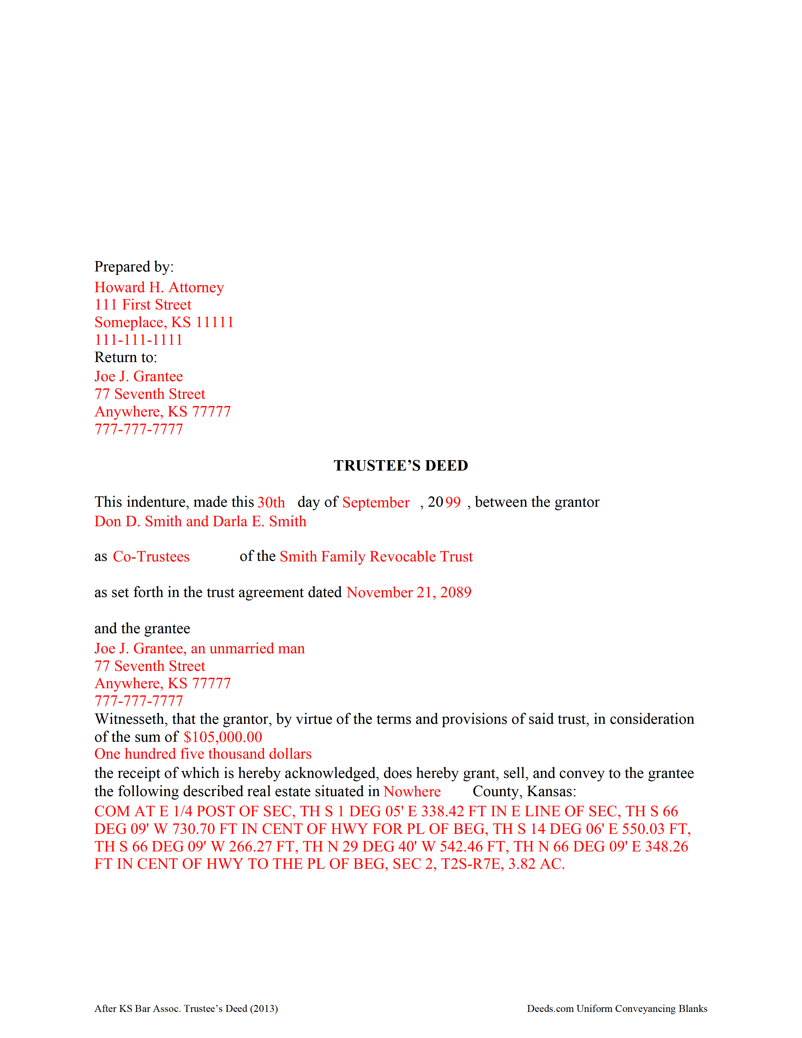 Completed Example of the Trustee Deed Document