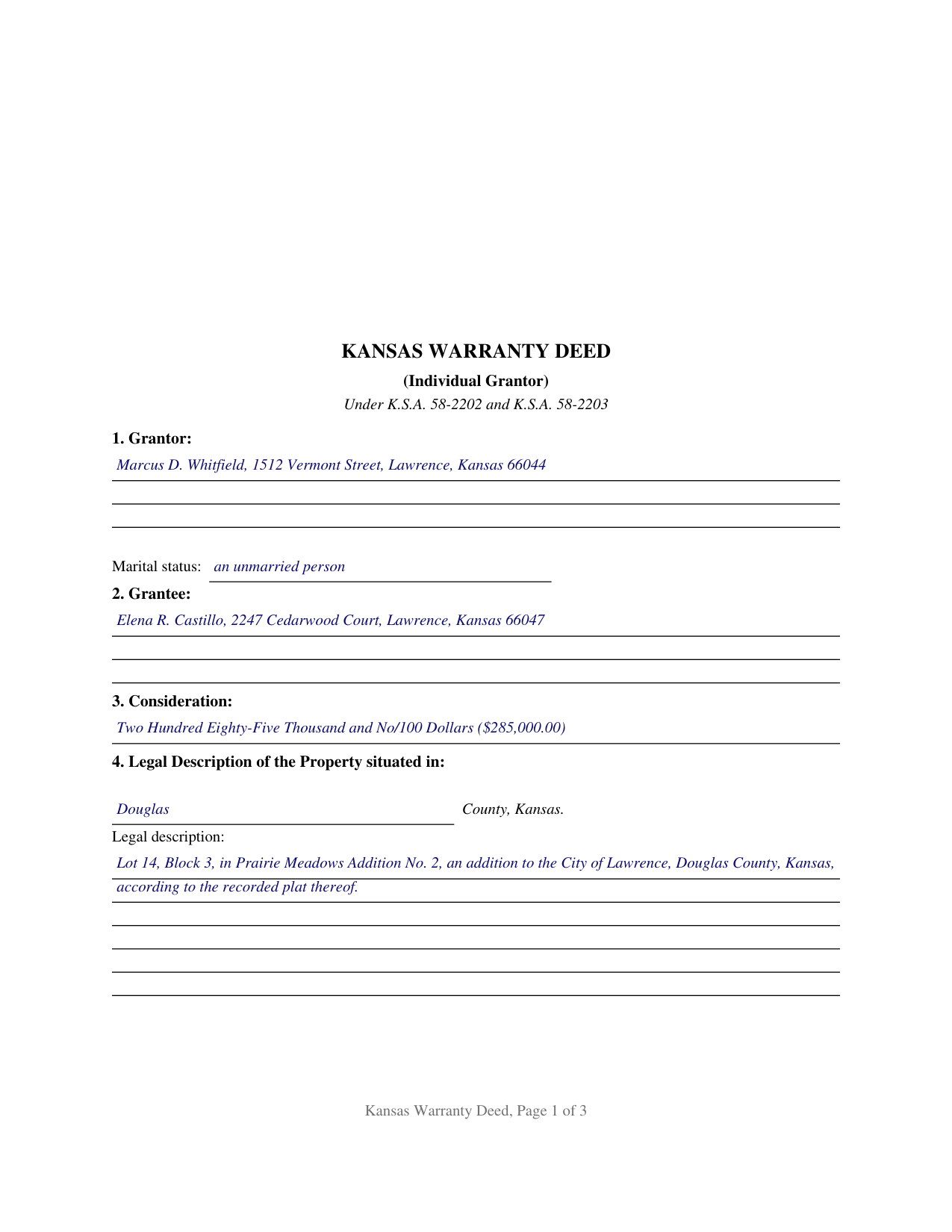 Thomas County Completed Example of the Warranty Deed (Individual Grantor) Document