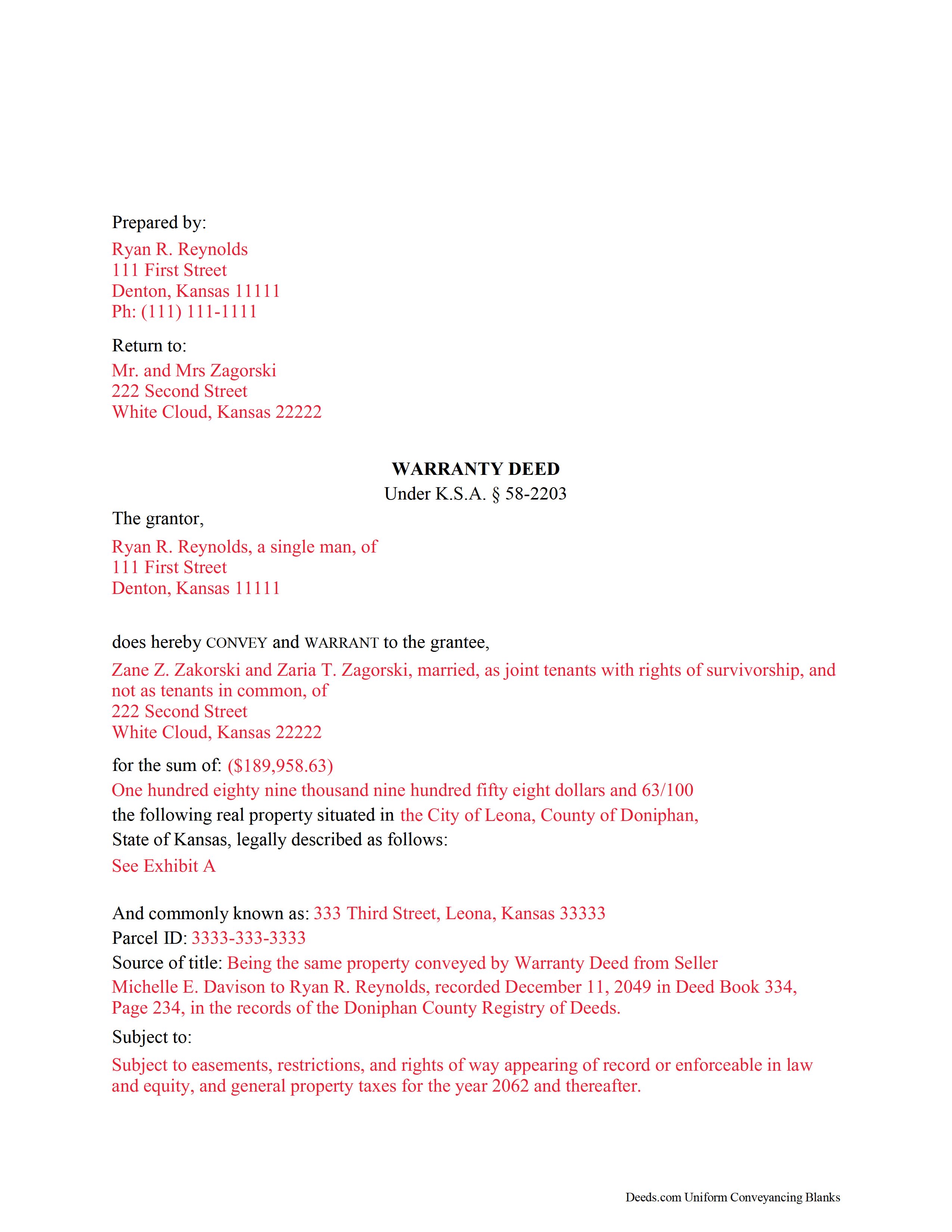 Doniphan County Completed Example of the Warranty Deed Document