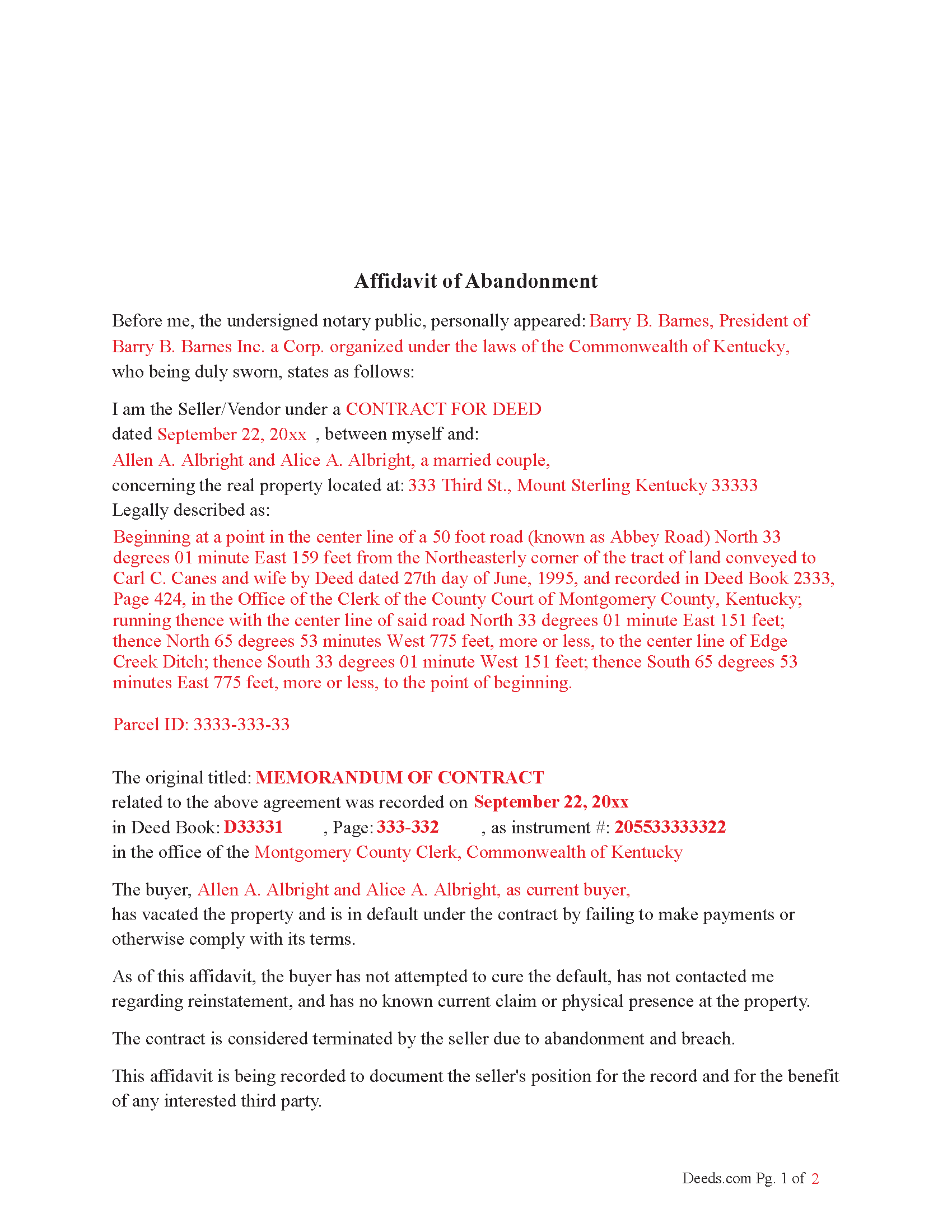 Trimble County Completed Example of the Affidavit of Abandonment Document