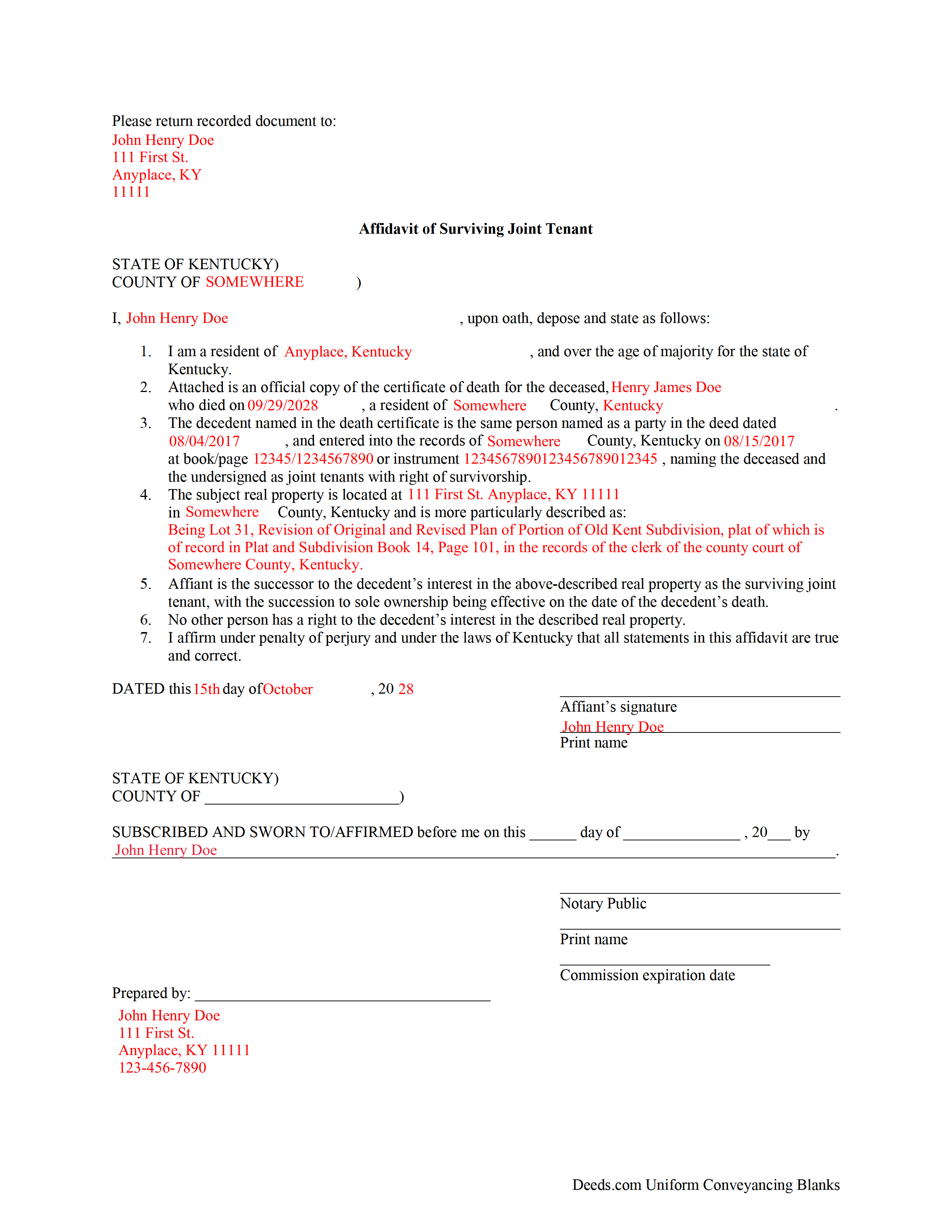 Completed Example of the Affidavit of Surviving Joint Tenant Document