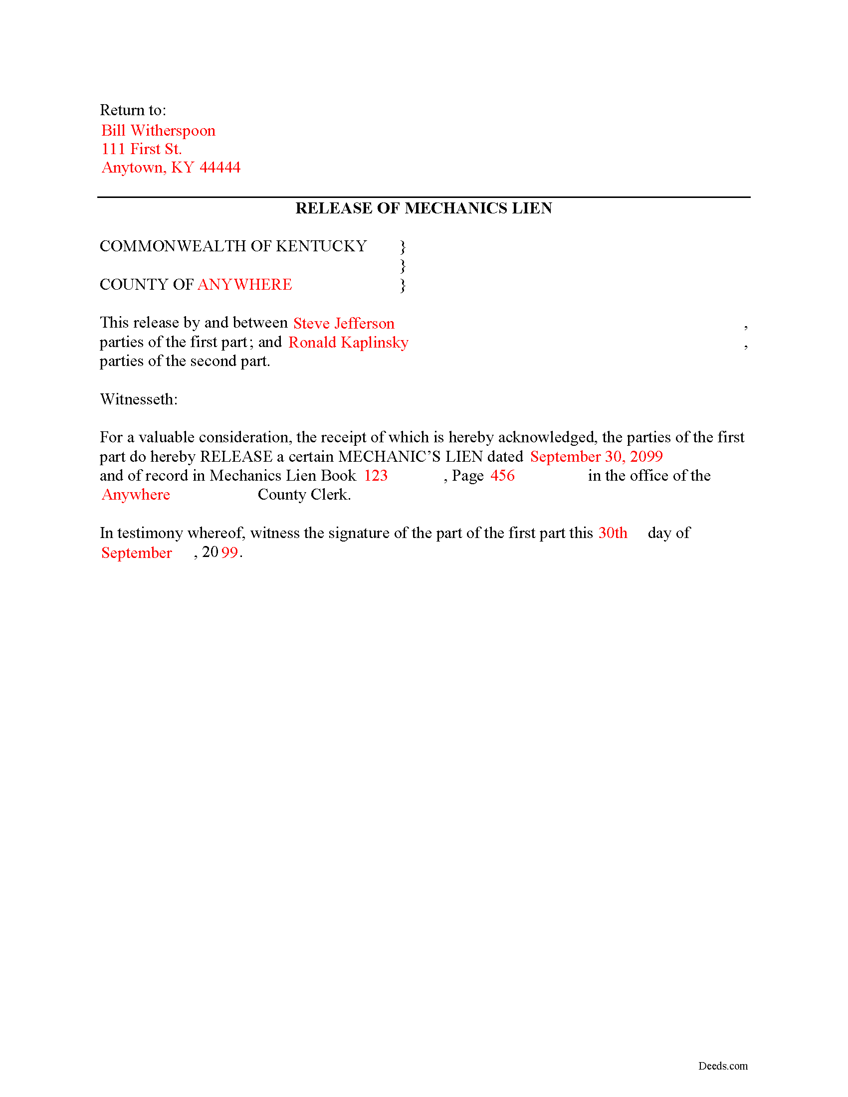 Completed Example of the Discharge of Lien by Bond Document