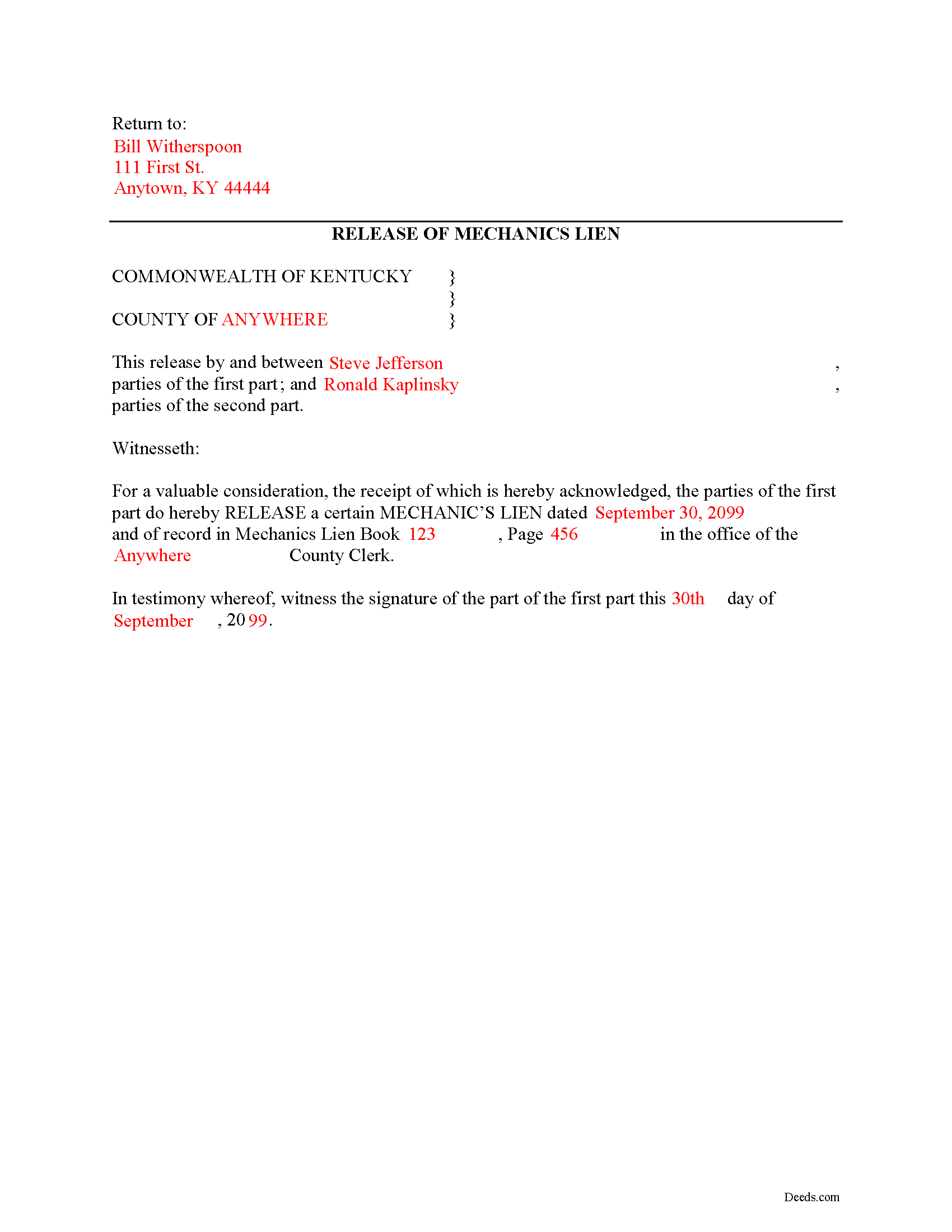Owsley County Completed Example of the Discharge of Lien by Bond Document
