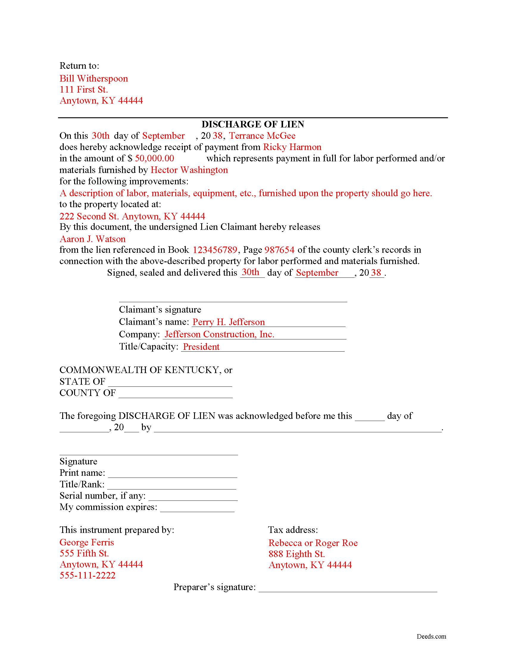 Completed Example of the Discharge of Lien Document