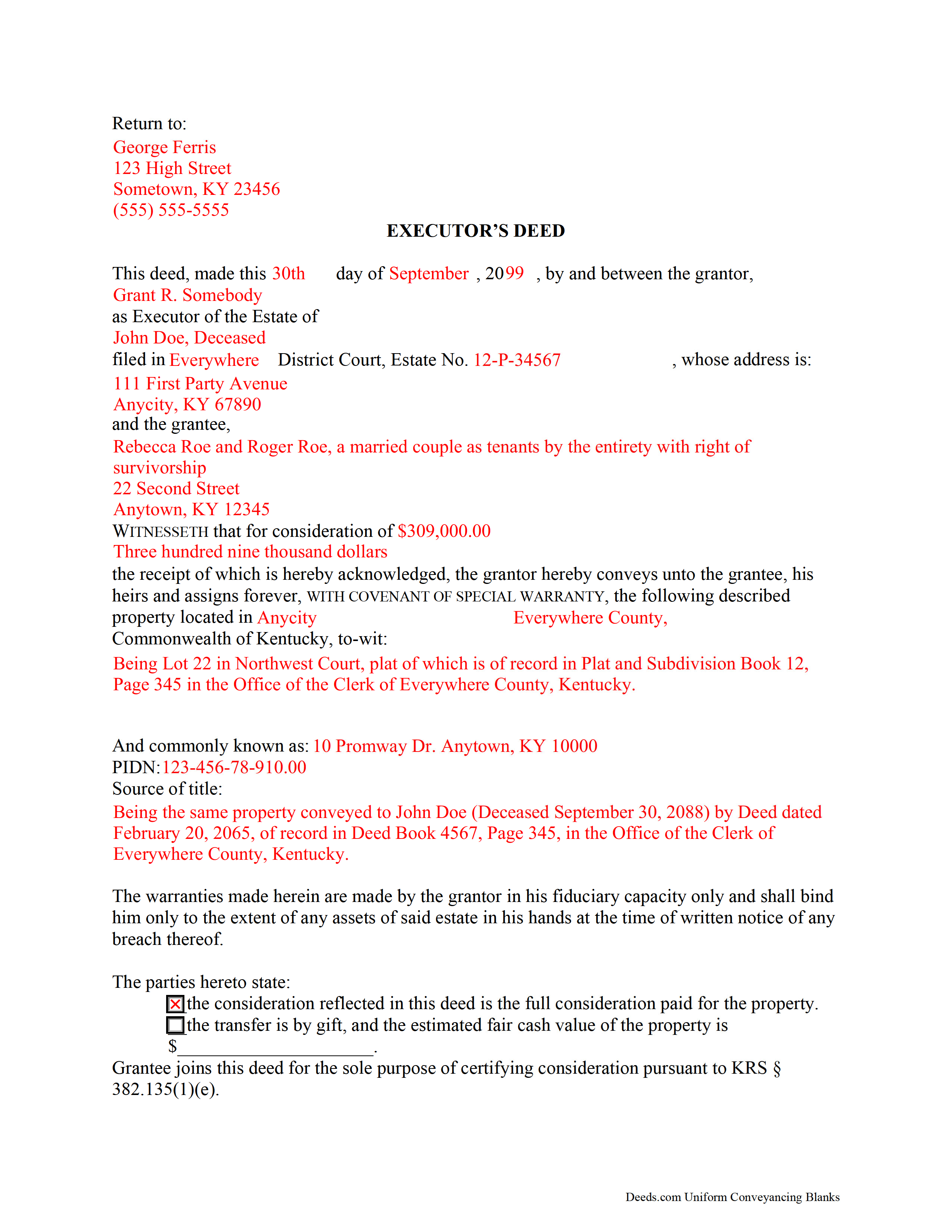 Marshall County Completed Example of the Executor Deed Document