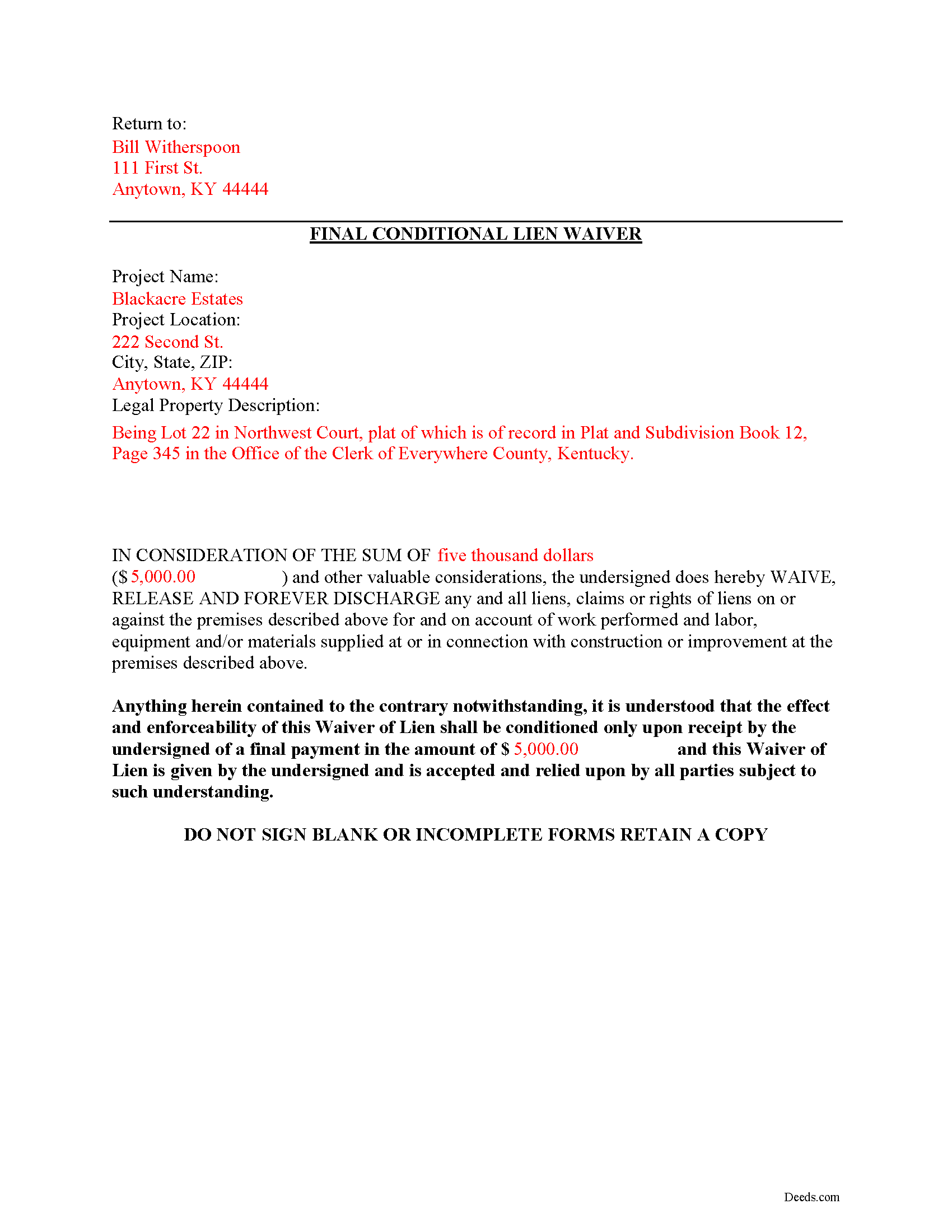 Completed Example of the Final Conditional Lien Waiver Document