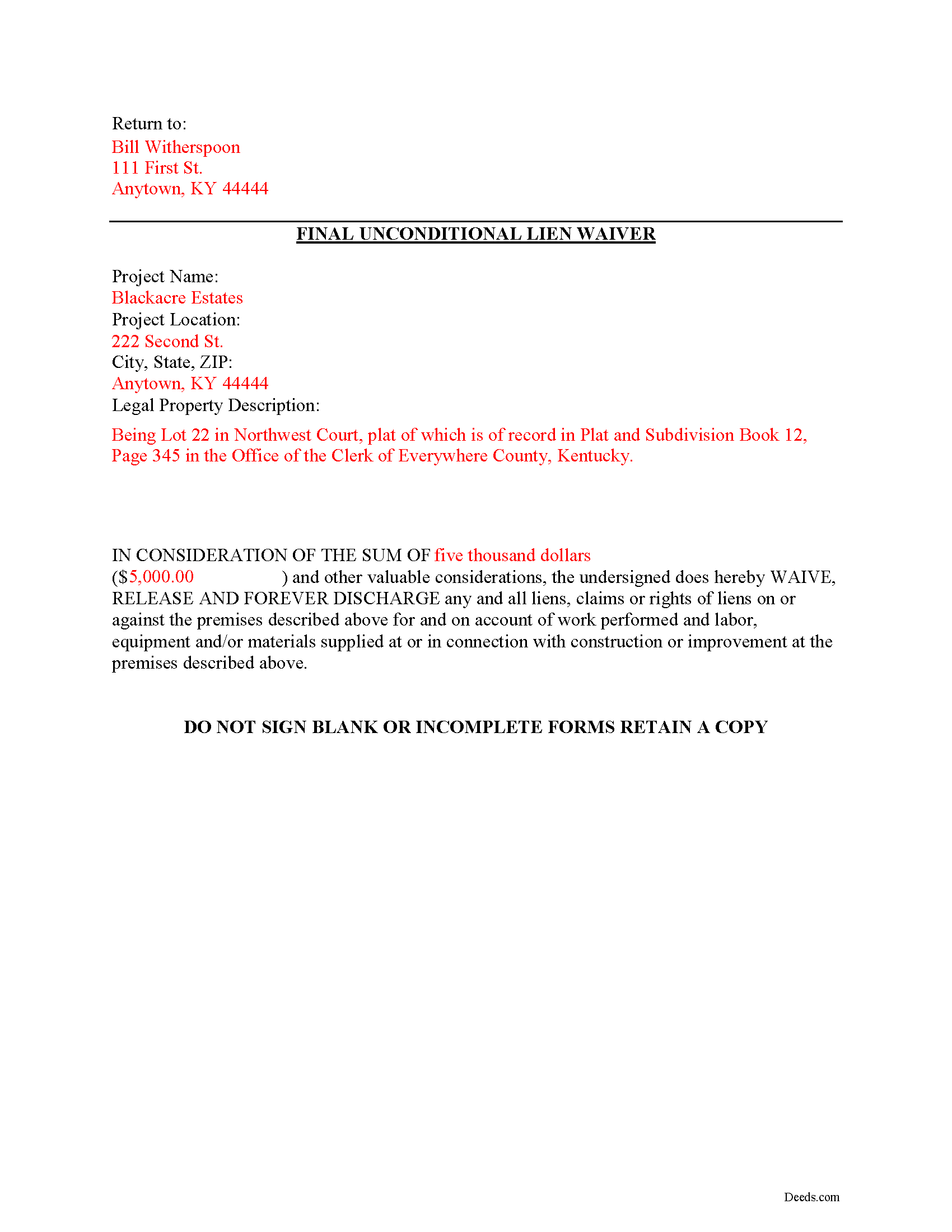 Completed Example of the Unconditional Lien Waiver Document