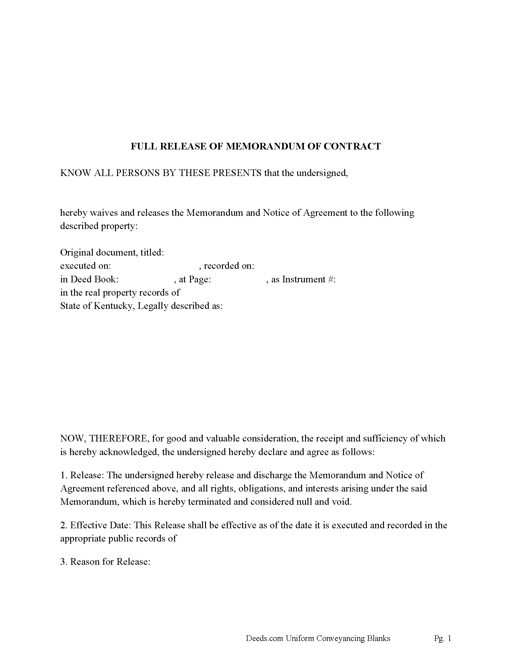 Trimble County Full Release of Memorandum of Contract Form