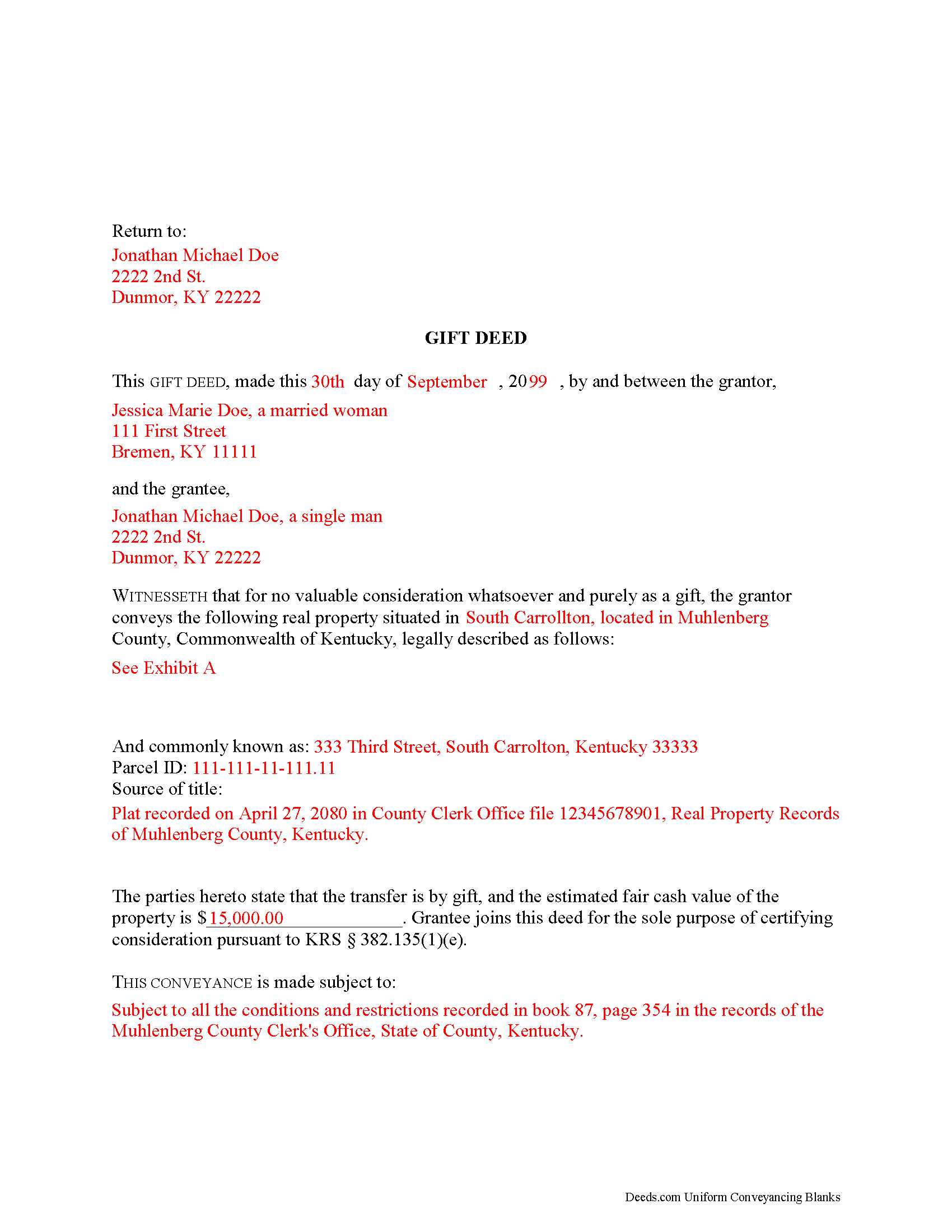 Garrard County Completed Example of the Gift Deed Document