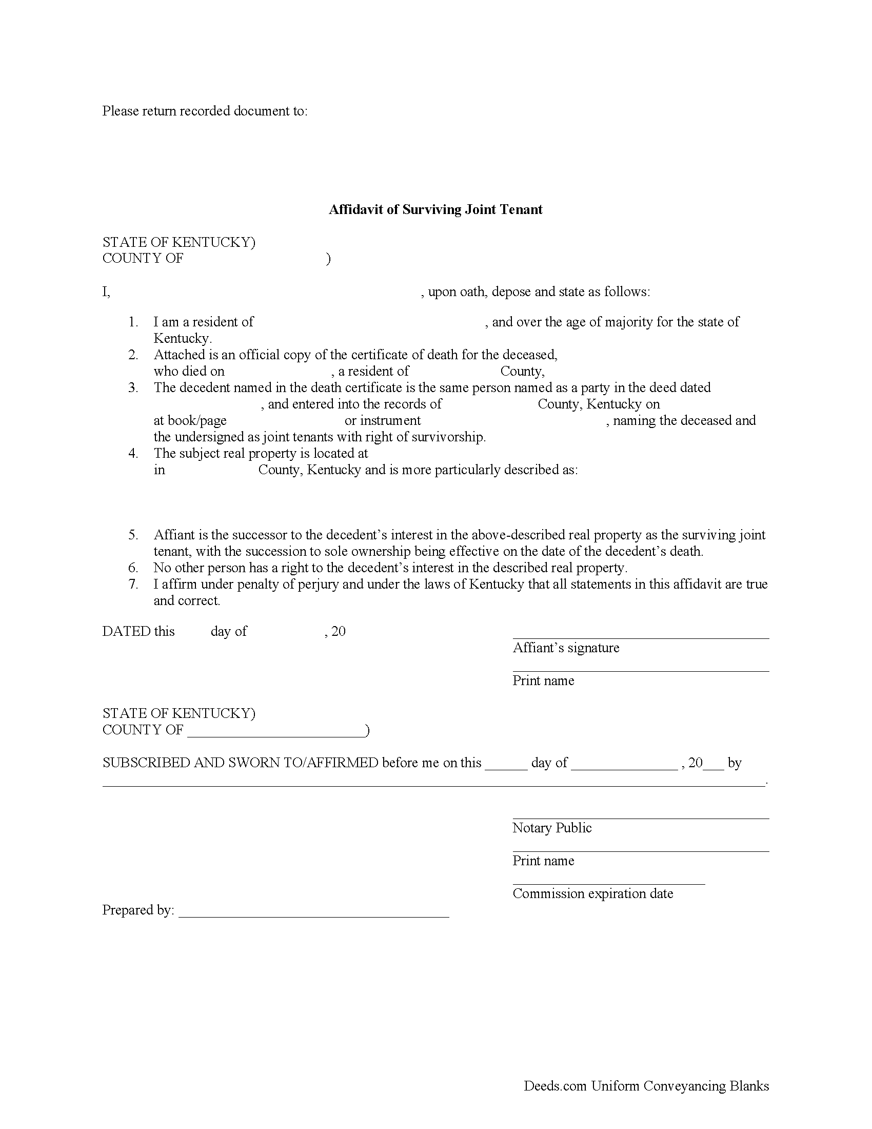 Kentucky Affidavit of Surviving Joint Tenant Image