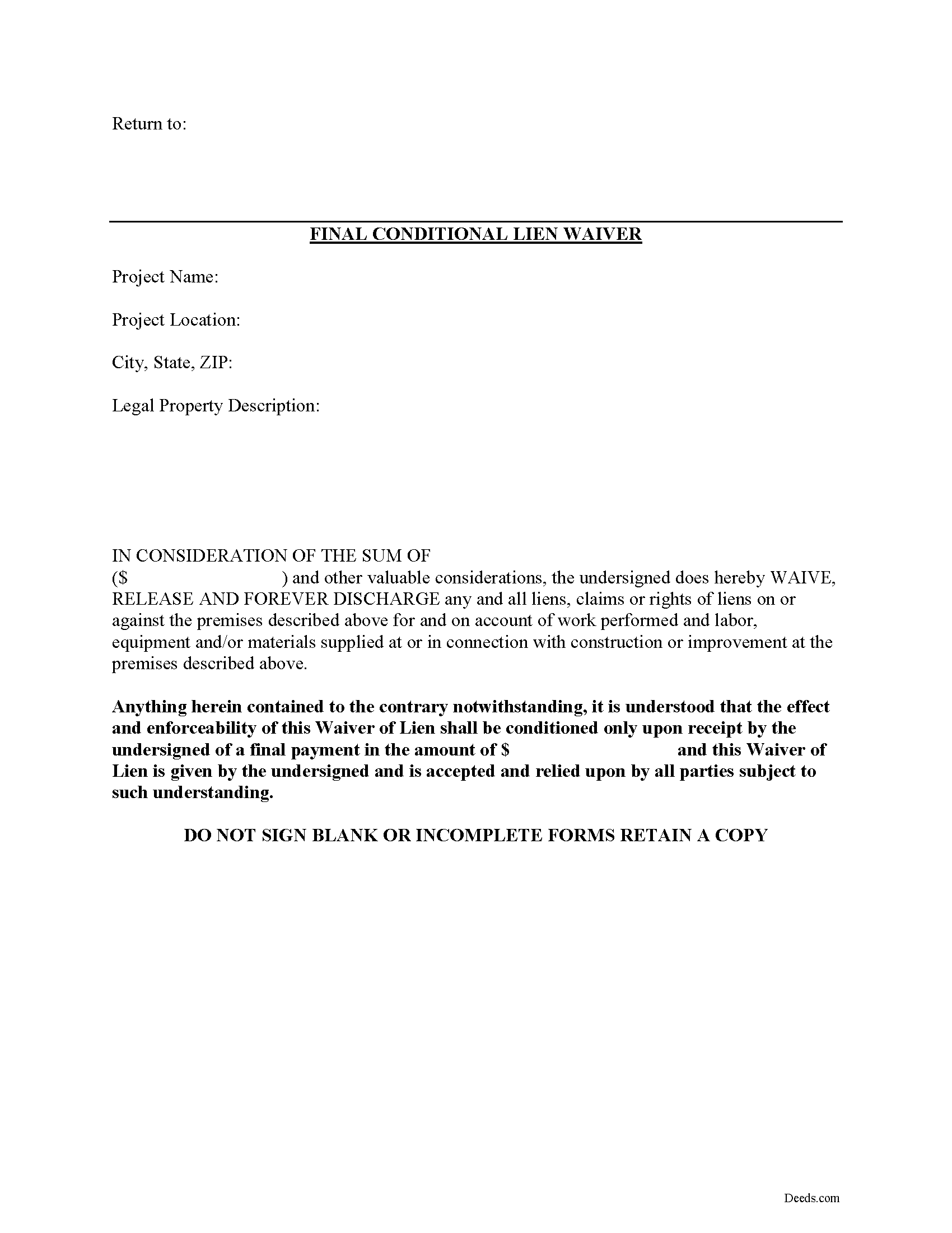 Kentucky Final Conditional Lien Waiver Image
