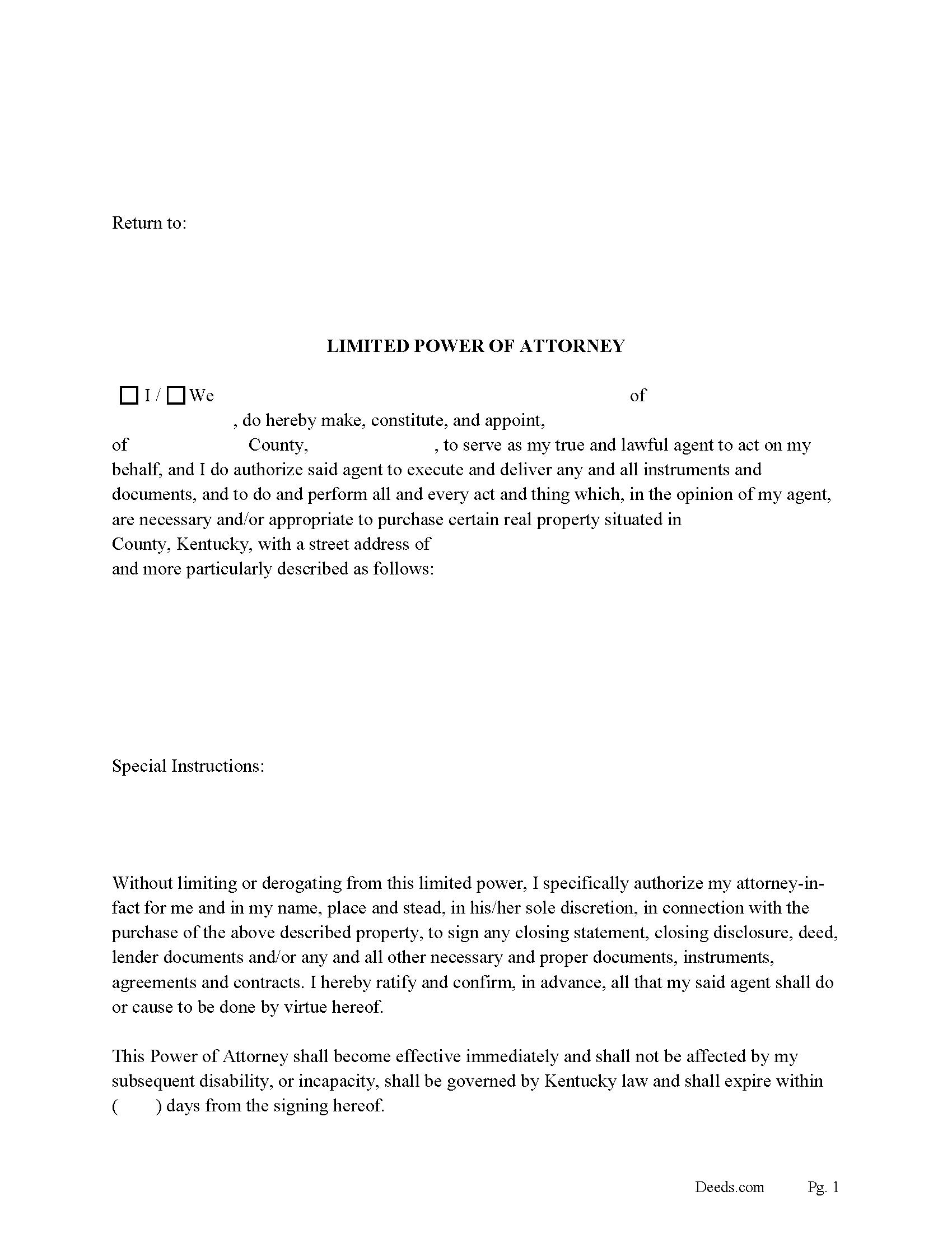 Kentucky Limited Power of Attorney for the Purchase of Real Property Image