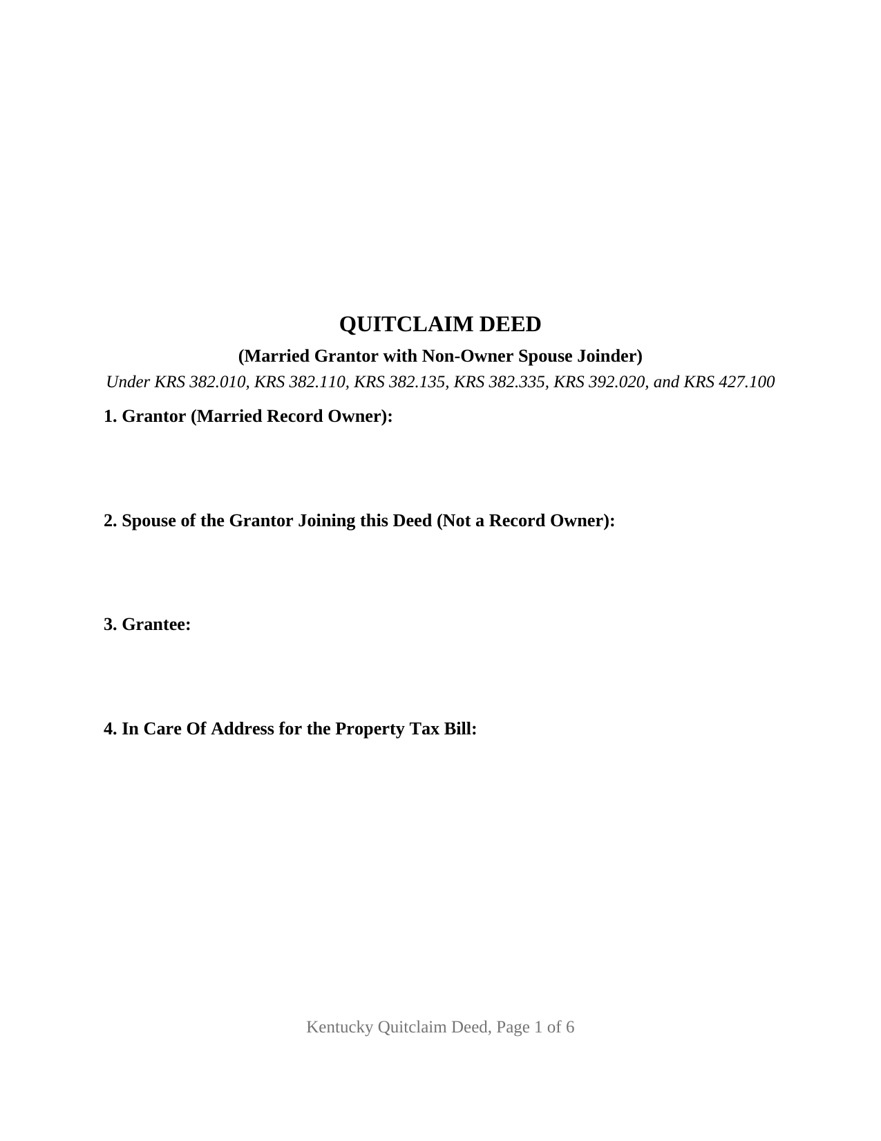 Kentucky Quitclaim Deed (Married Grantor with Non-Owner Spouse Joinder)