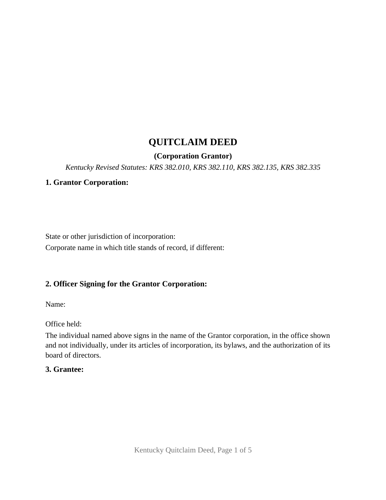 Kentucky Quitclaim Deed (Corporation Grantor)