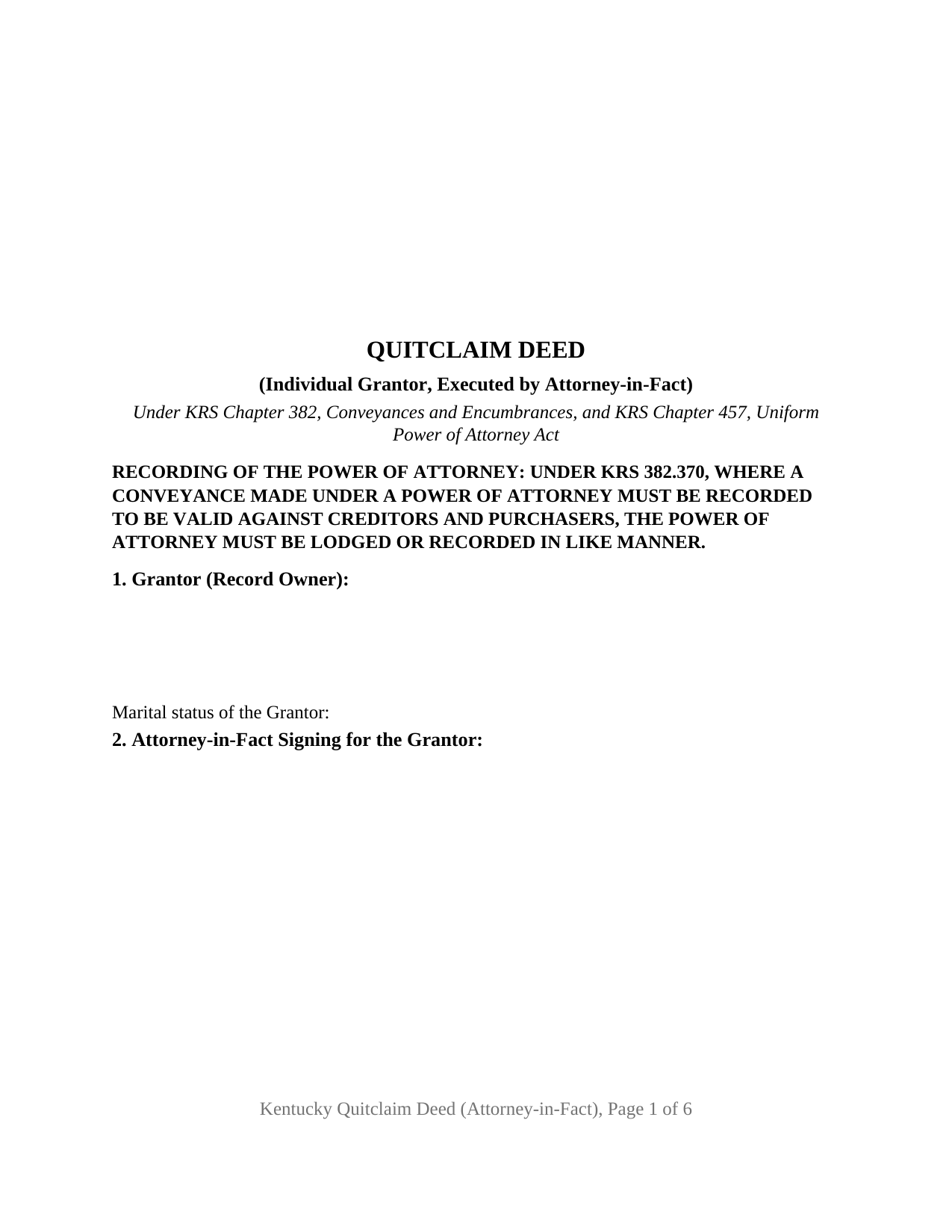 Kentucky Quitclaim Deed (Individual Grantor by Attorney-in-Fact)