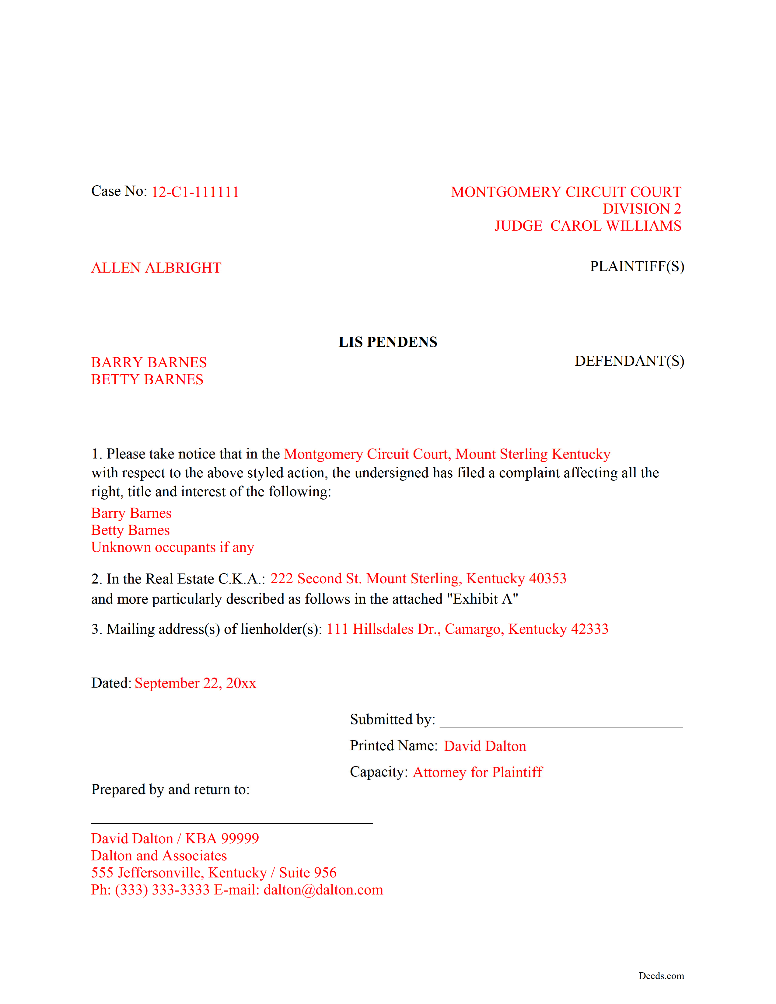 Completed Example of the Lis Pendens Document
