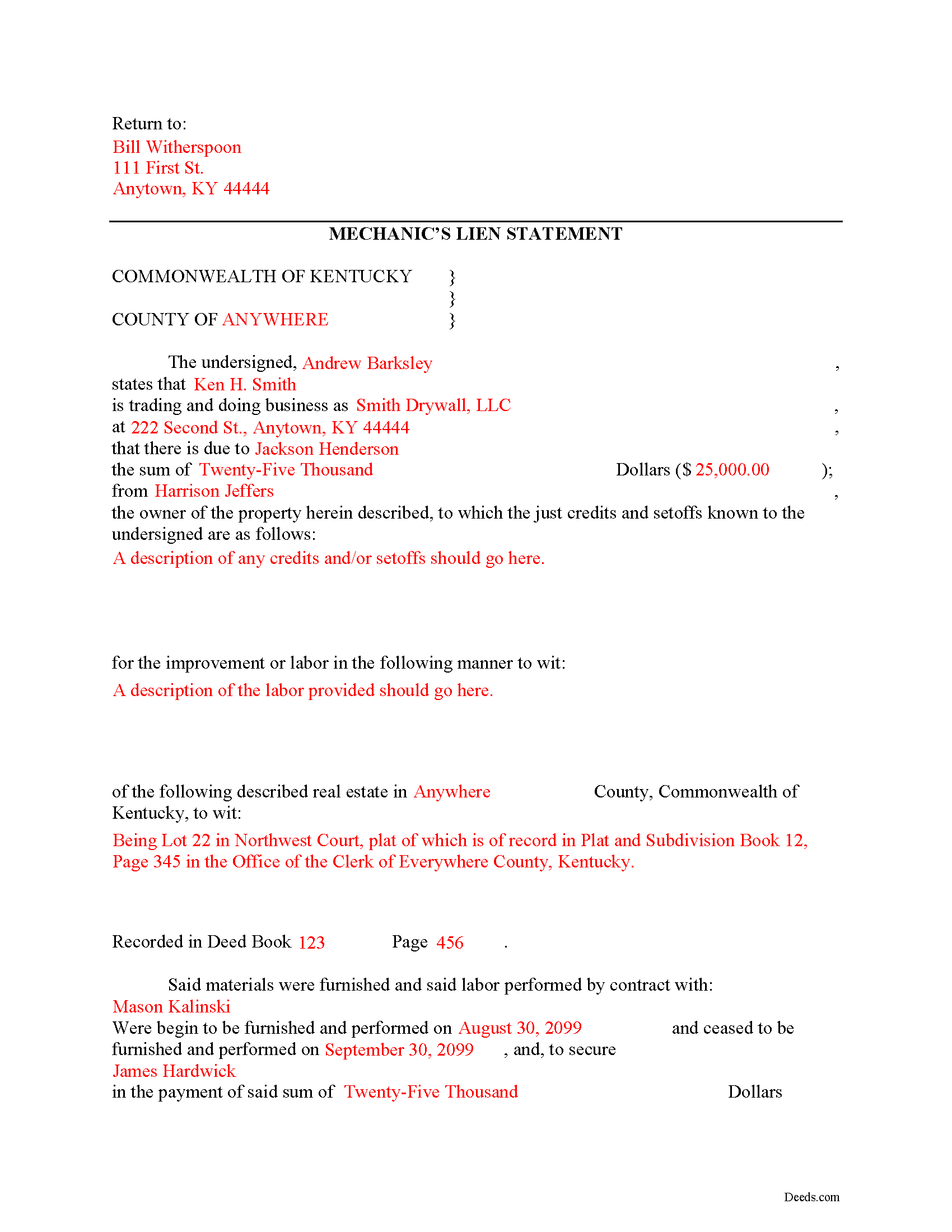 Completed Example of the Mechanics Lien Document