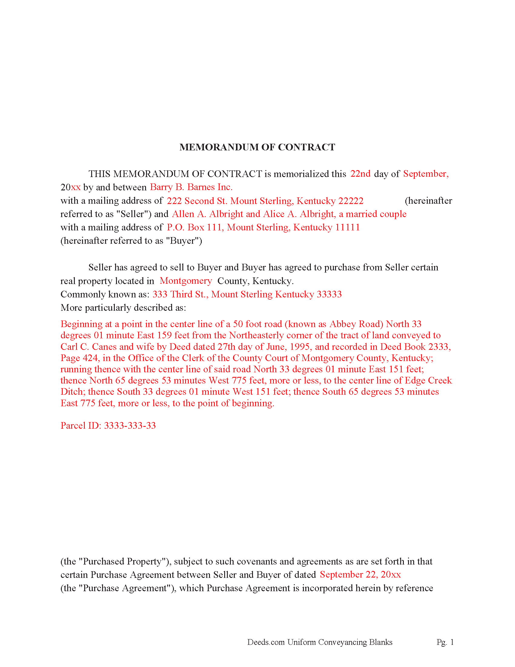 Shelby County Completed Example of the Memorandum of Contract Document