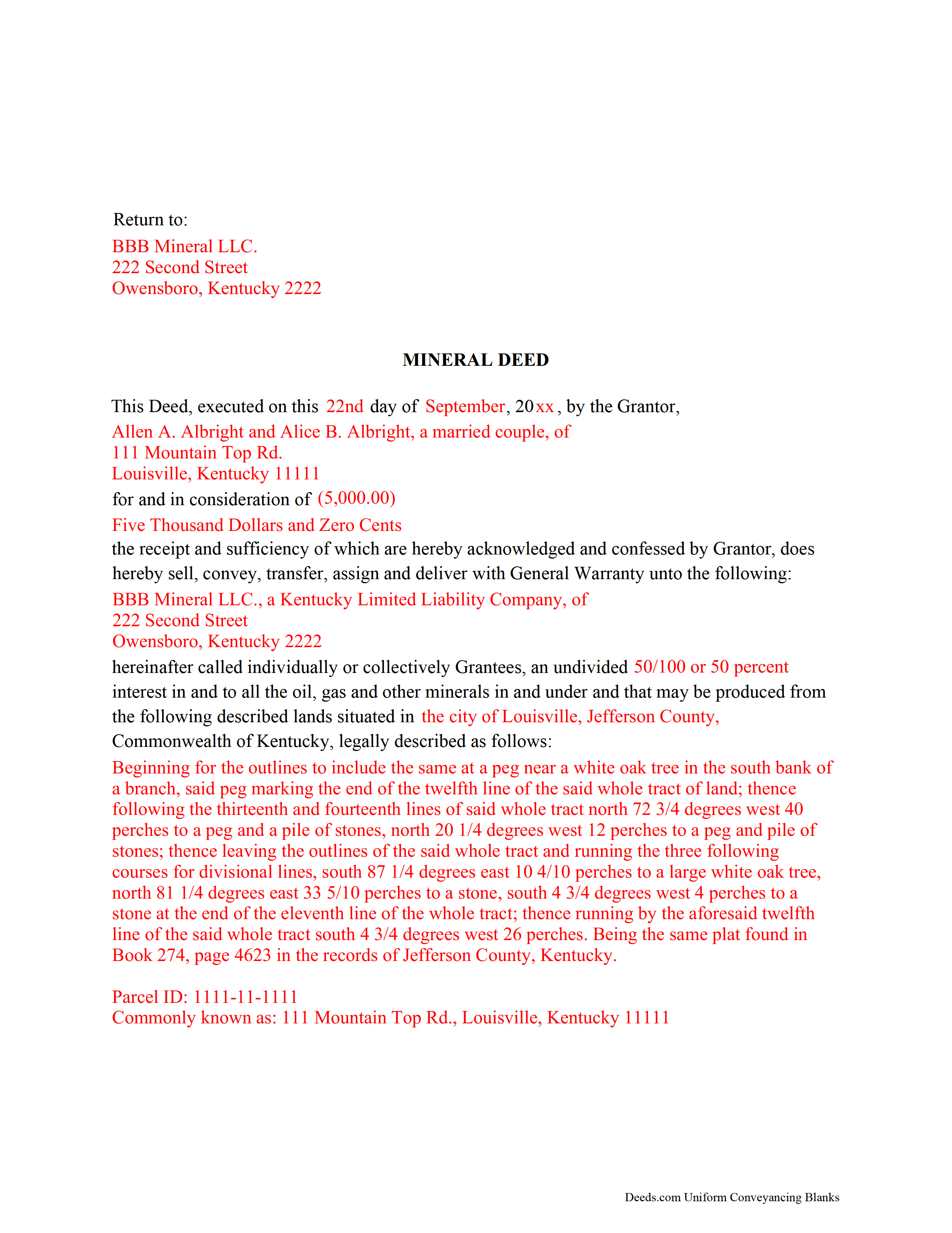 Green County Completed Example of the Mineral Deed Form