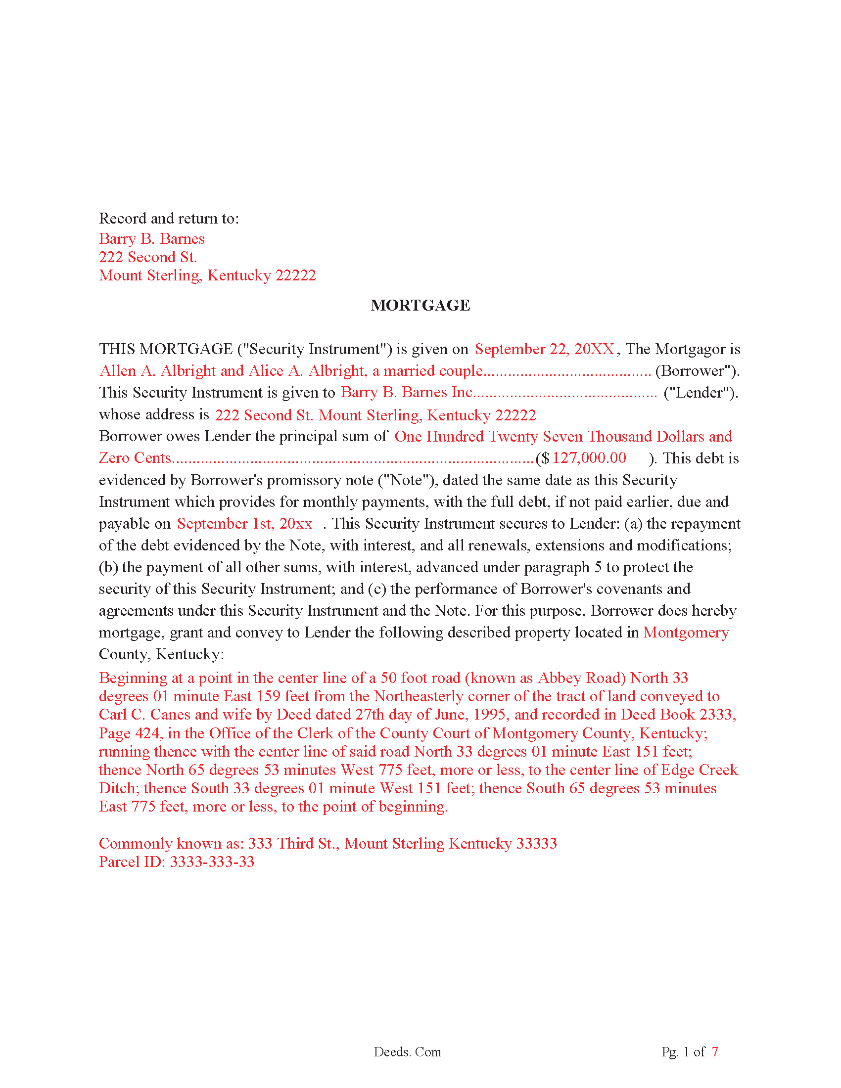 Completed Example of the Mortgage Form