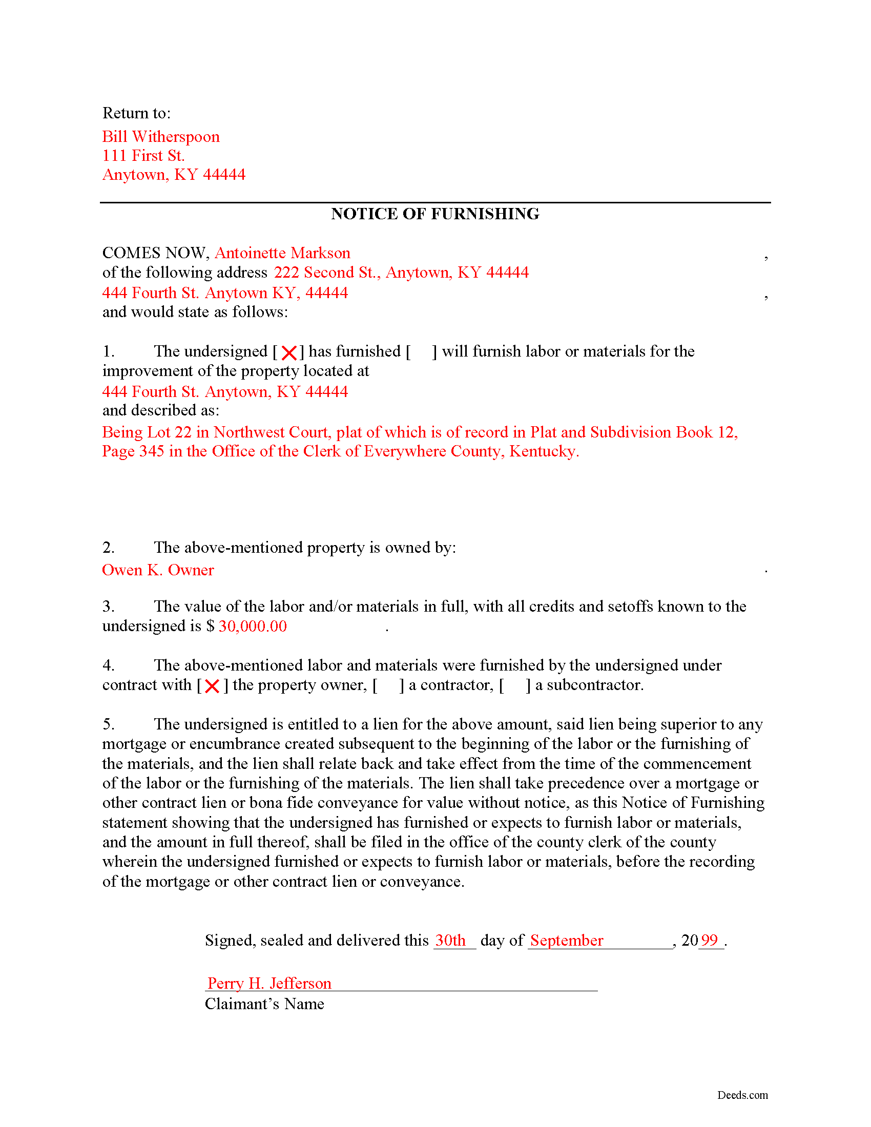 Completed Example of the Notice of Furnishing Document