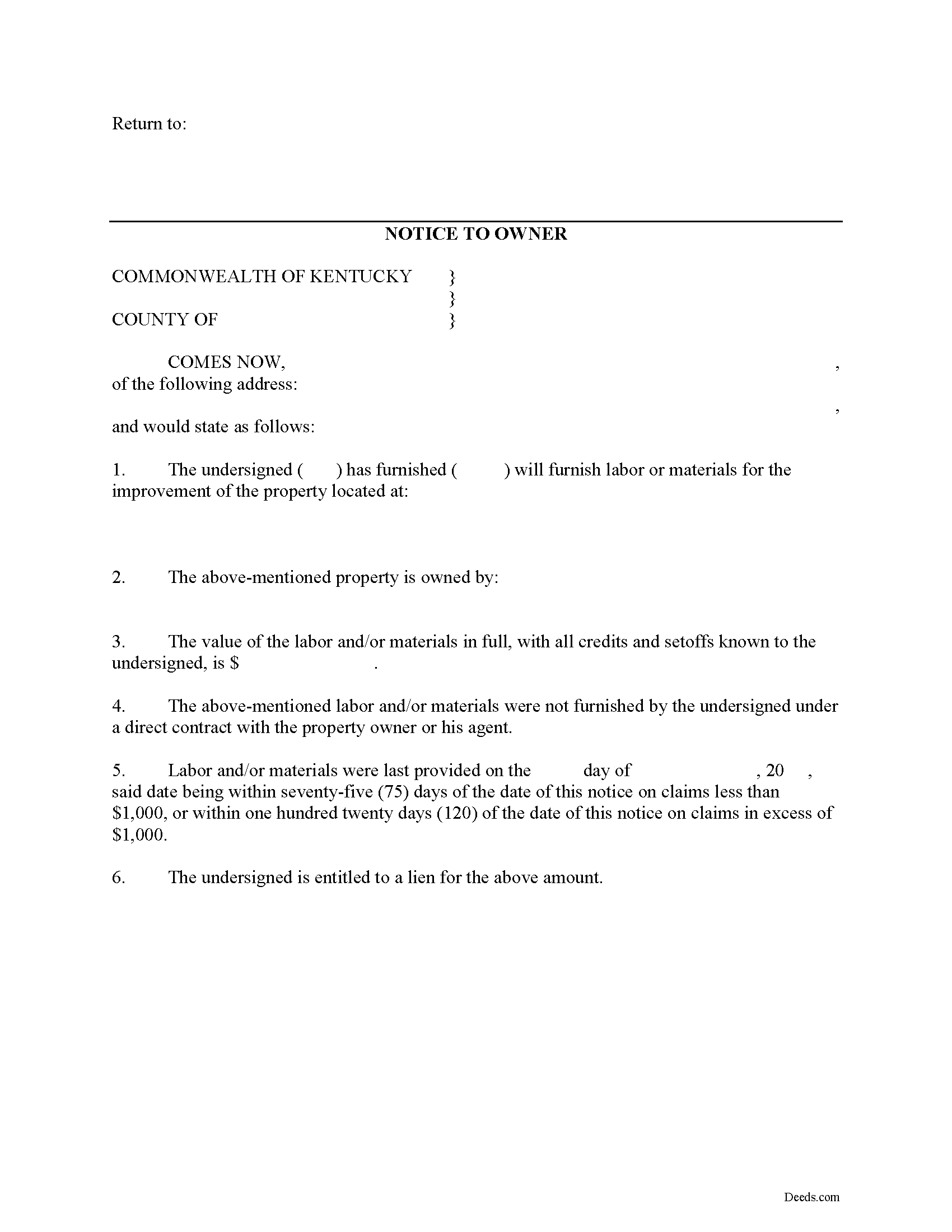 Notice to Owner Form