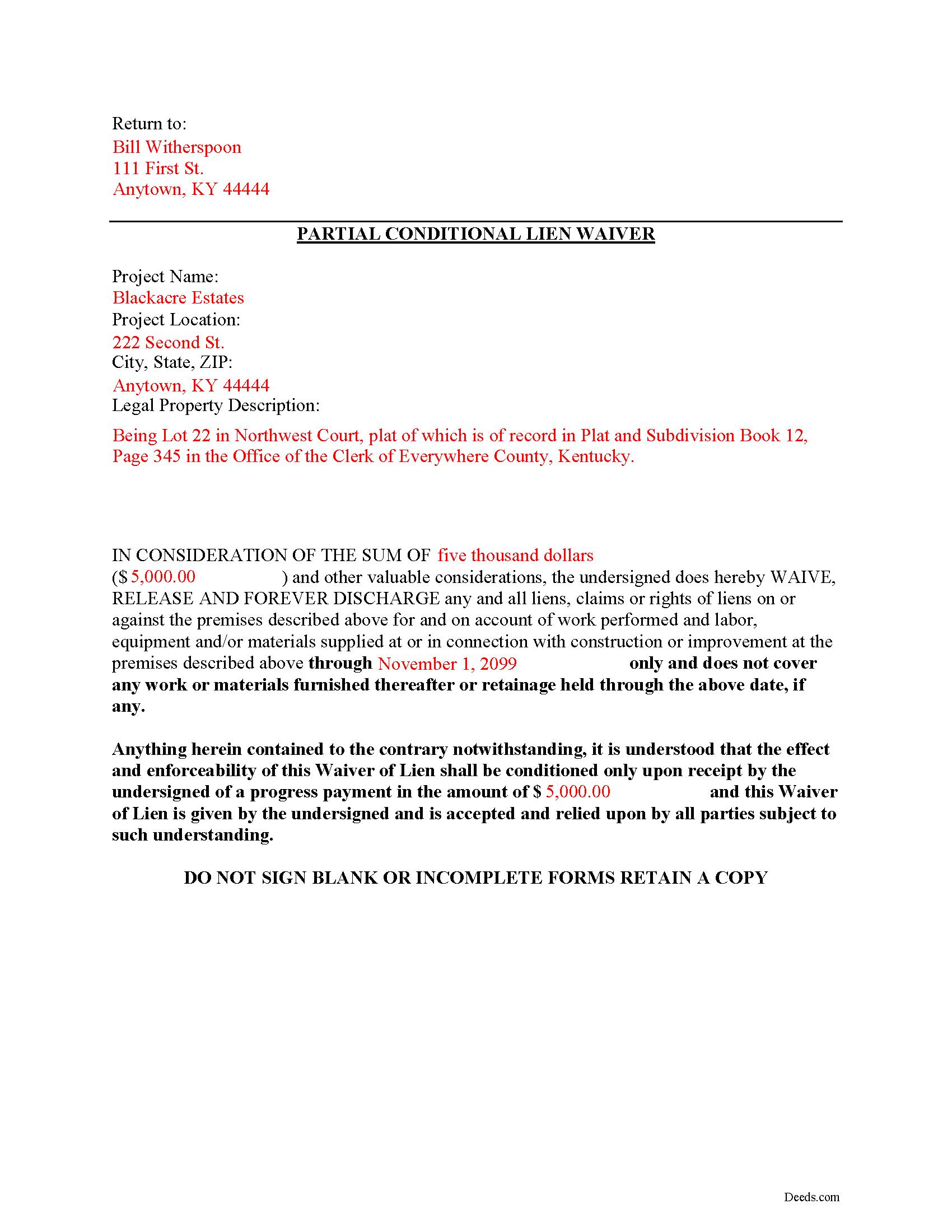 Completed Example of the Partial Conditional Lien Waiver Document