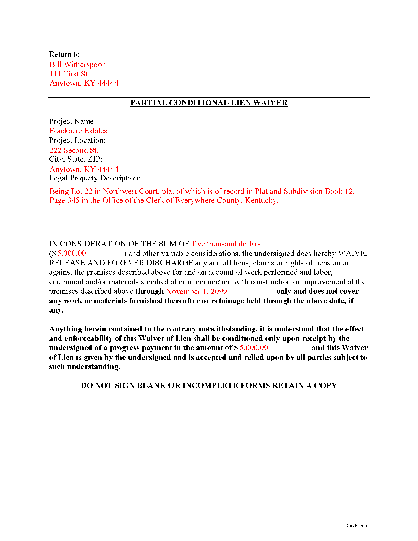 Meade County Completed Example of the Partial Conditional Lien Waiver Document