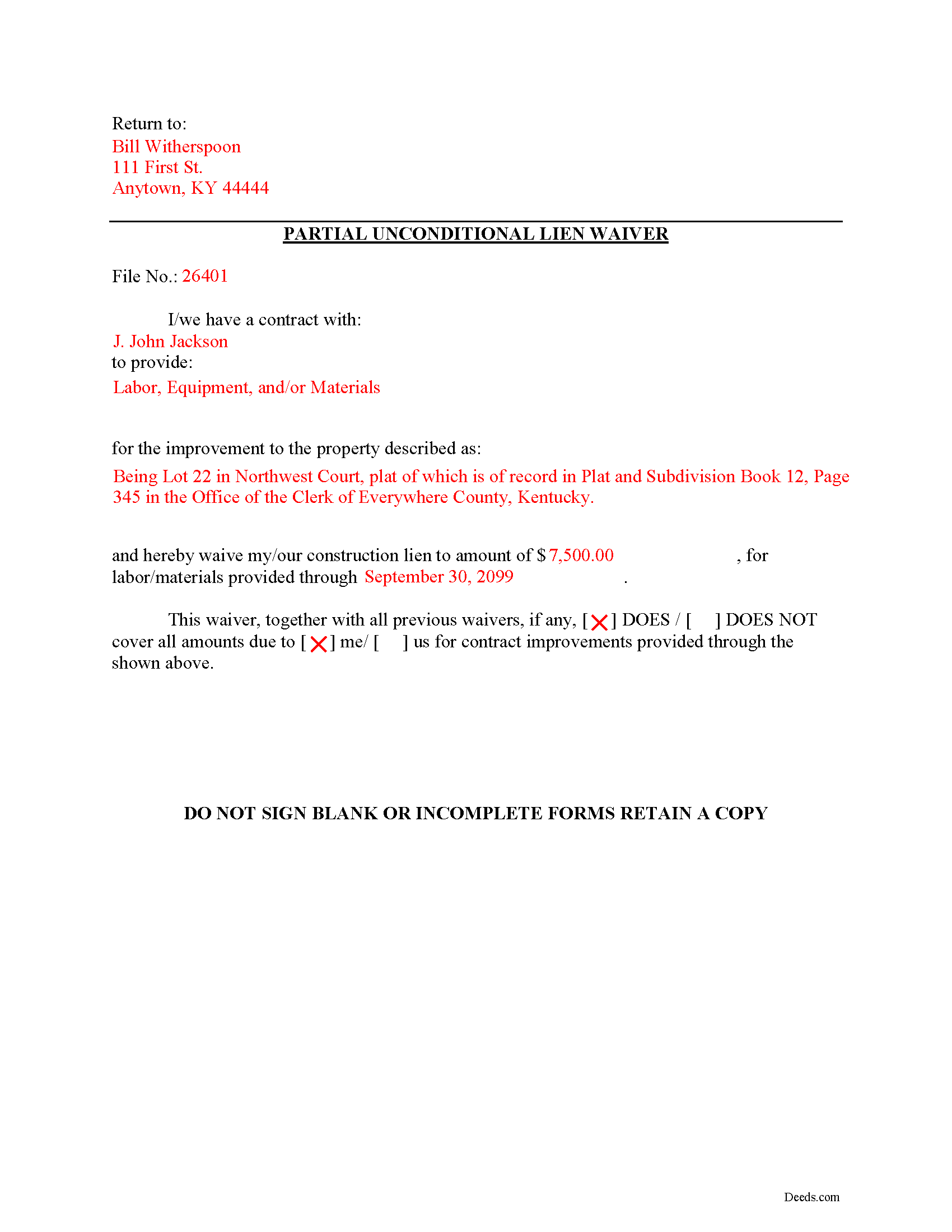 Completed Example of the Partial Unconditional Lien Waiver Document