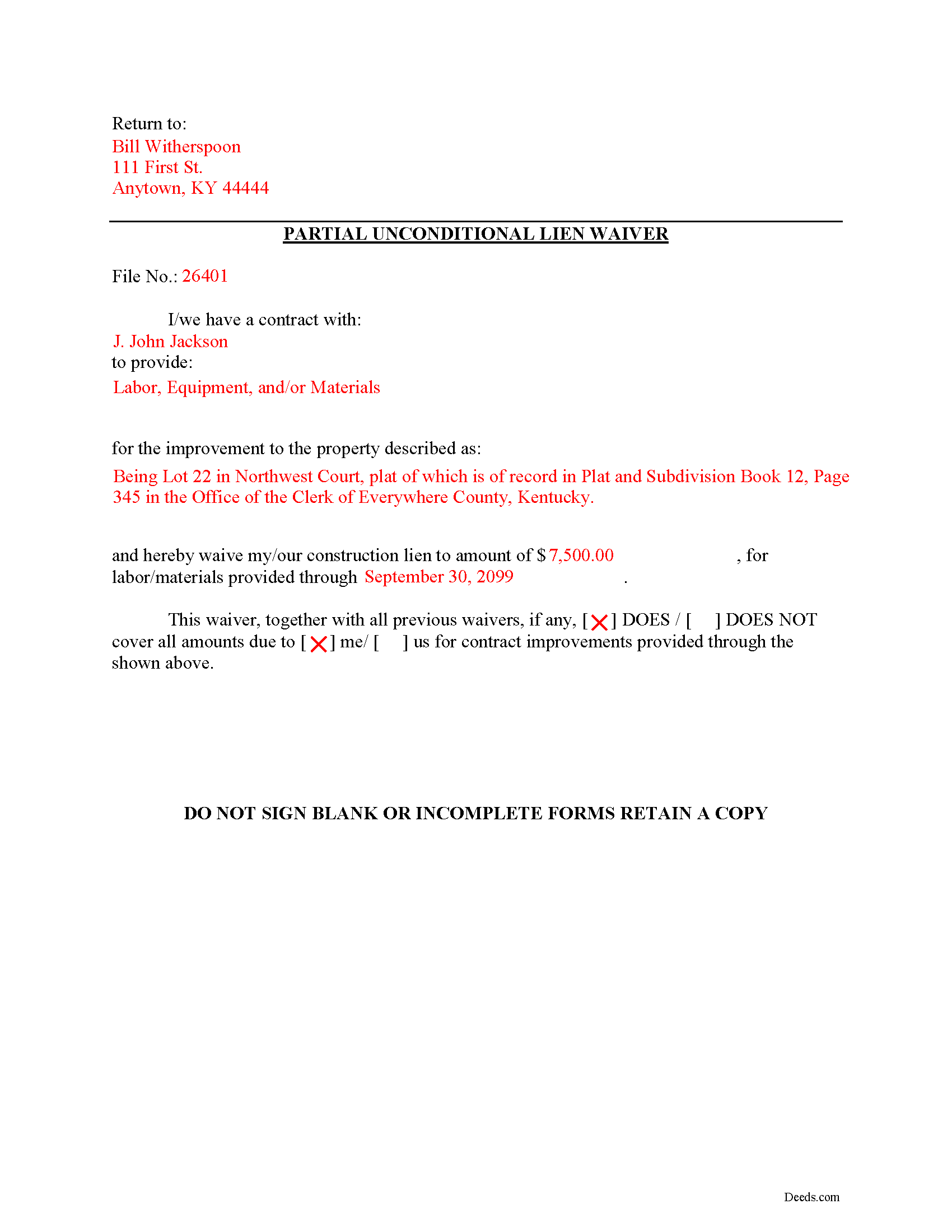 Graves County Completed Example of the Partial Unconditional Lien Waiver Document
