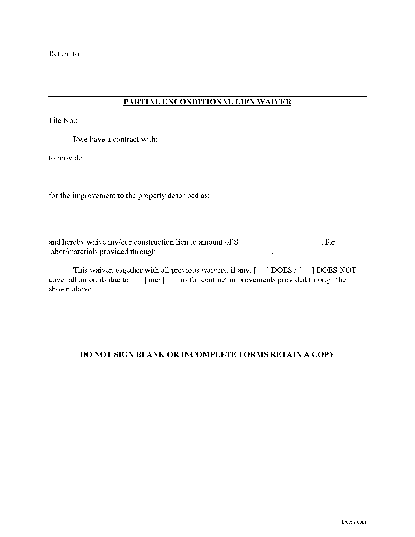 Partial Unconditional Lien Waiver Form