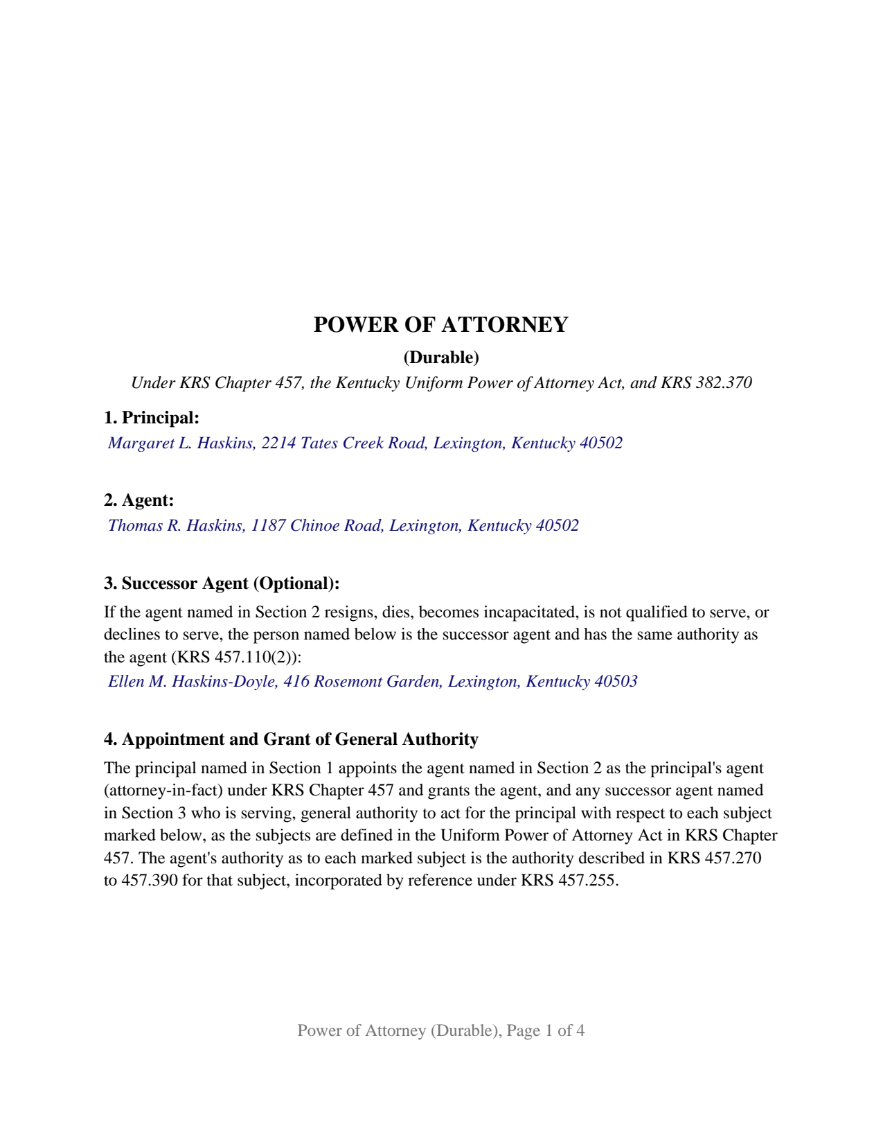 Clinton County Completed Example of the Power of Attorney (Durable) Document