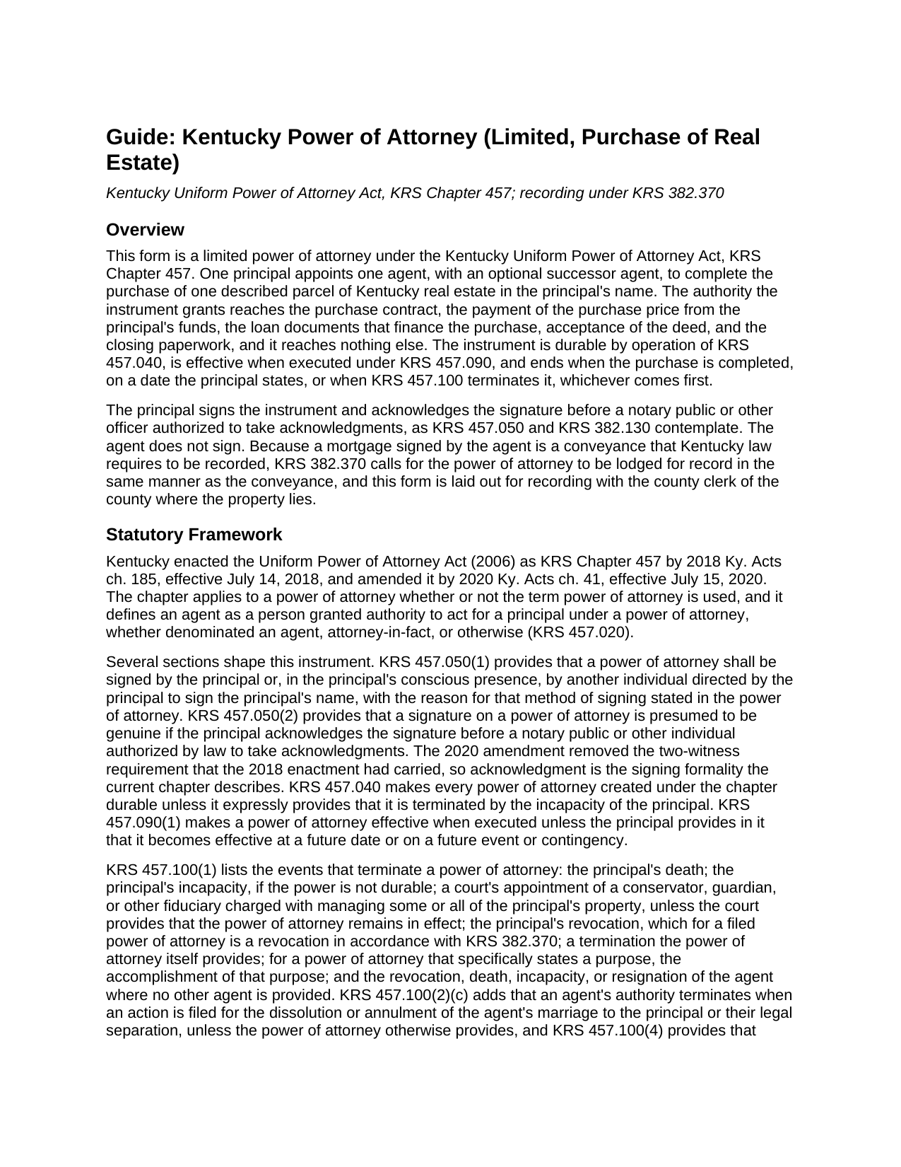 Mccracken County Power of Attorney (Limited, Purchase of Real Estate) Guide